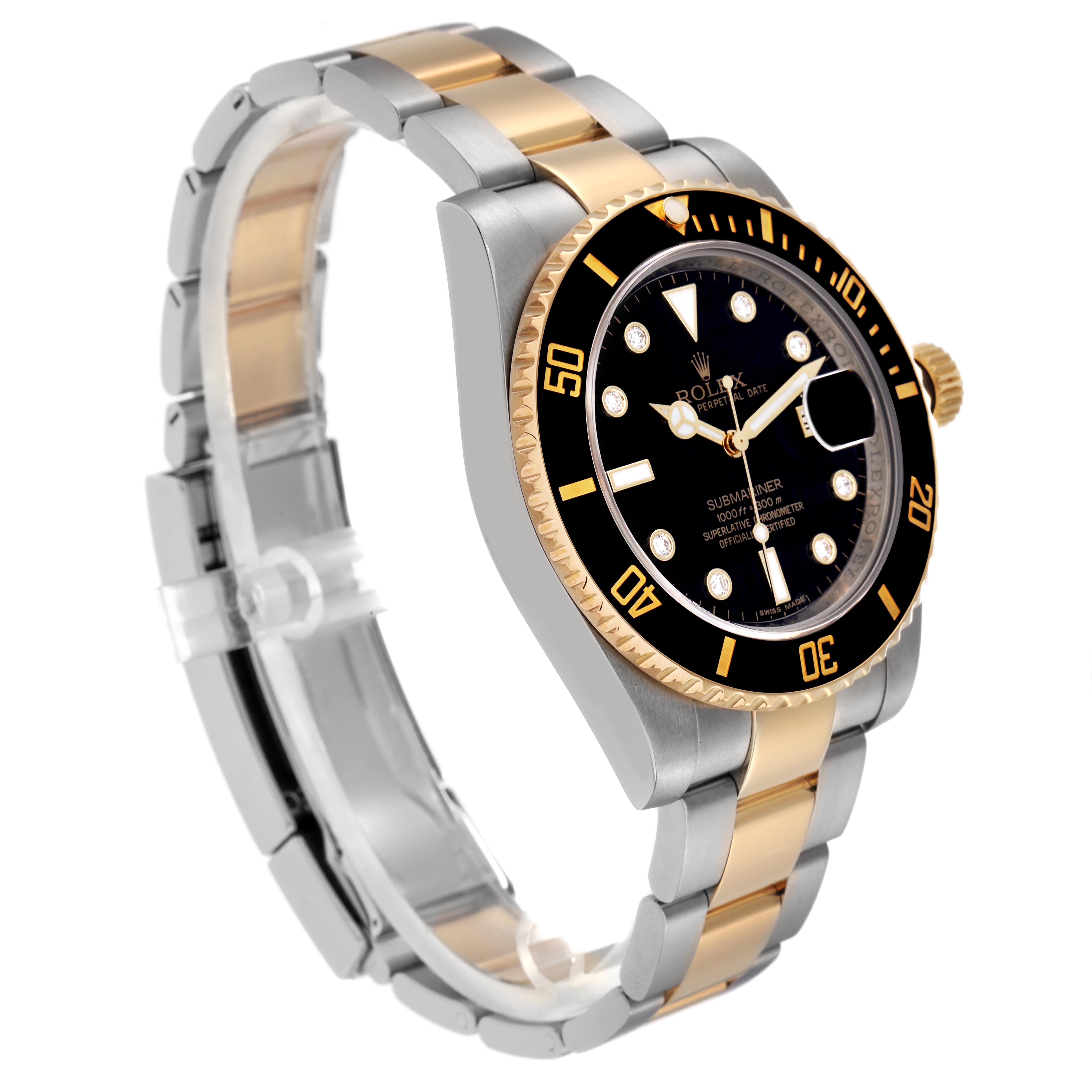 The Rolex Submariner 116613 Men
s Steel and Gold (two tone) Black Dial 116613 Men
s Steel and Gold (two tone) Black Dial watch is shown at a slight side angle, displaying the bezel, dial, crown, and bracelet with gold and silver links.