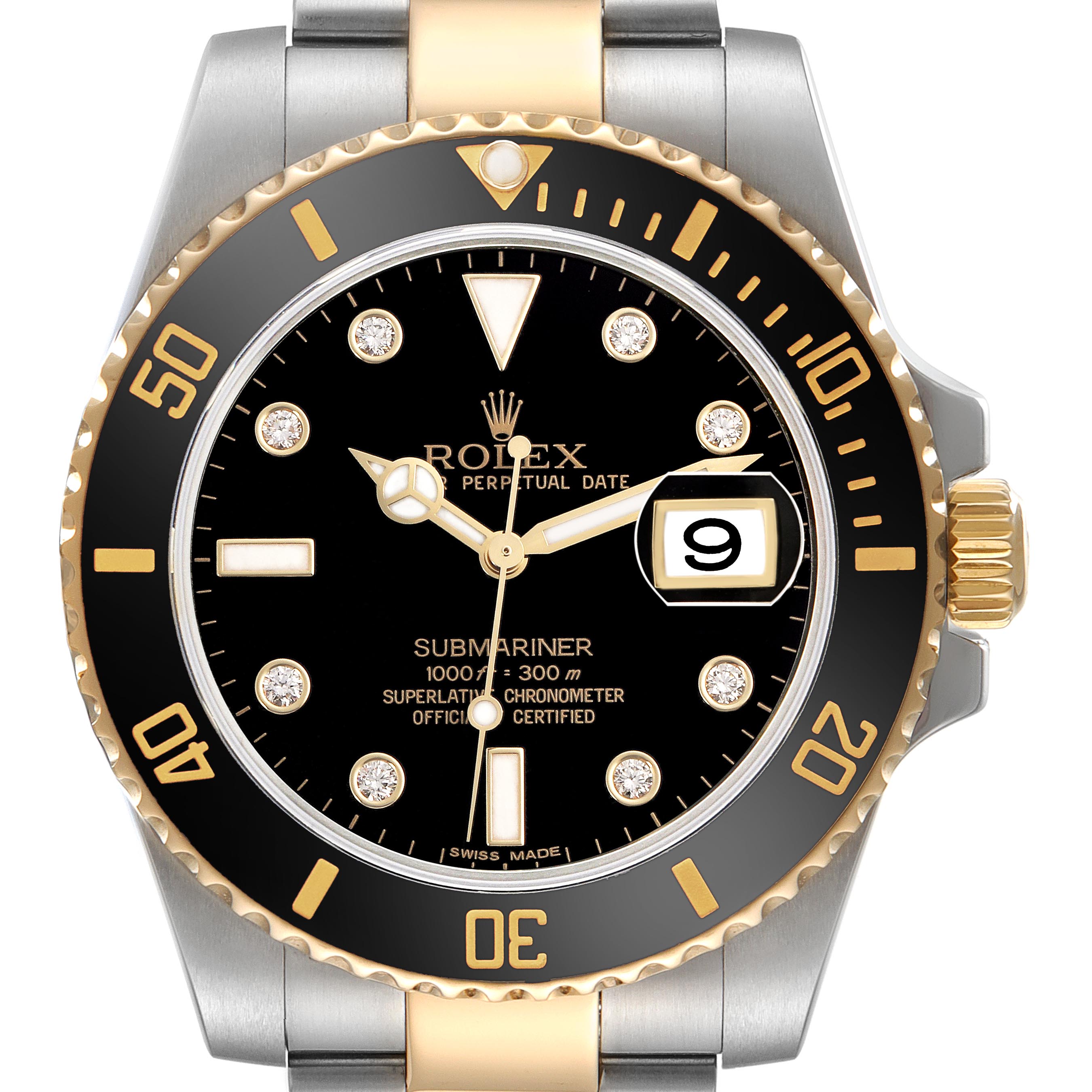 The Rolex Submariner 116613 Men
s Steel and Gold (two tone) Black Dial 116613 Men
s Steel and Gold (two tone) Black Dial watch is shown from the front, highlighting the dial, bezel, and part of the bracelet.