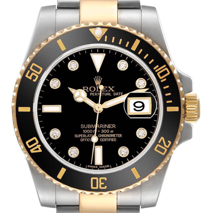 The Rolex Submariner watch is shown from the front, highlighting the dial, bezel, and part of the bracelet.