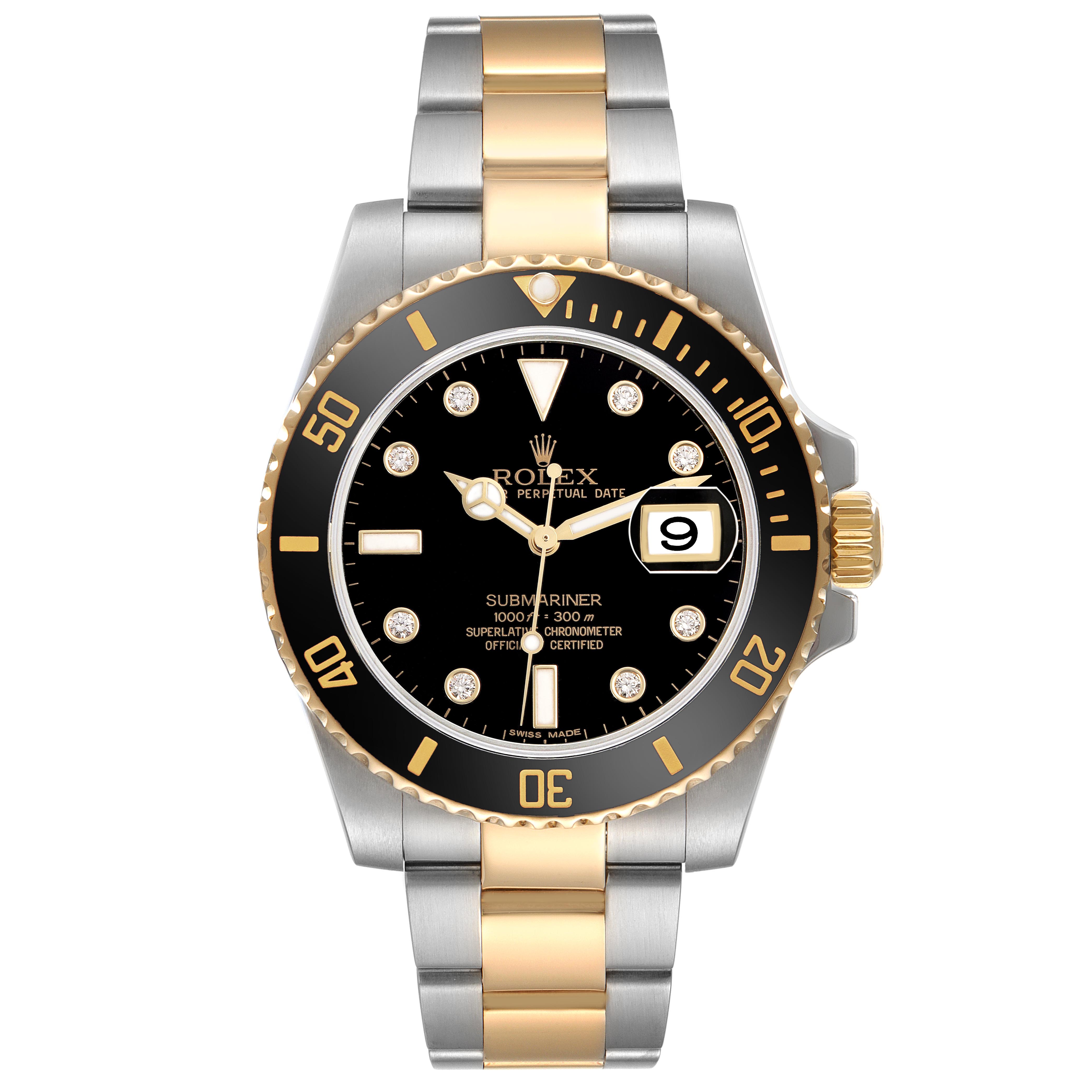 The Rolex Submariner 116613 Men
s Steel and Gold (two tone) Black Dial 116613 Men
s Steel and Gold (two tone) Black Dial watch is shown from a front angle, highlighting its dial, bezel, crown, and two-tone bracelet.