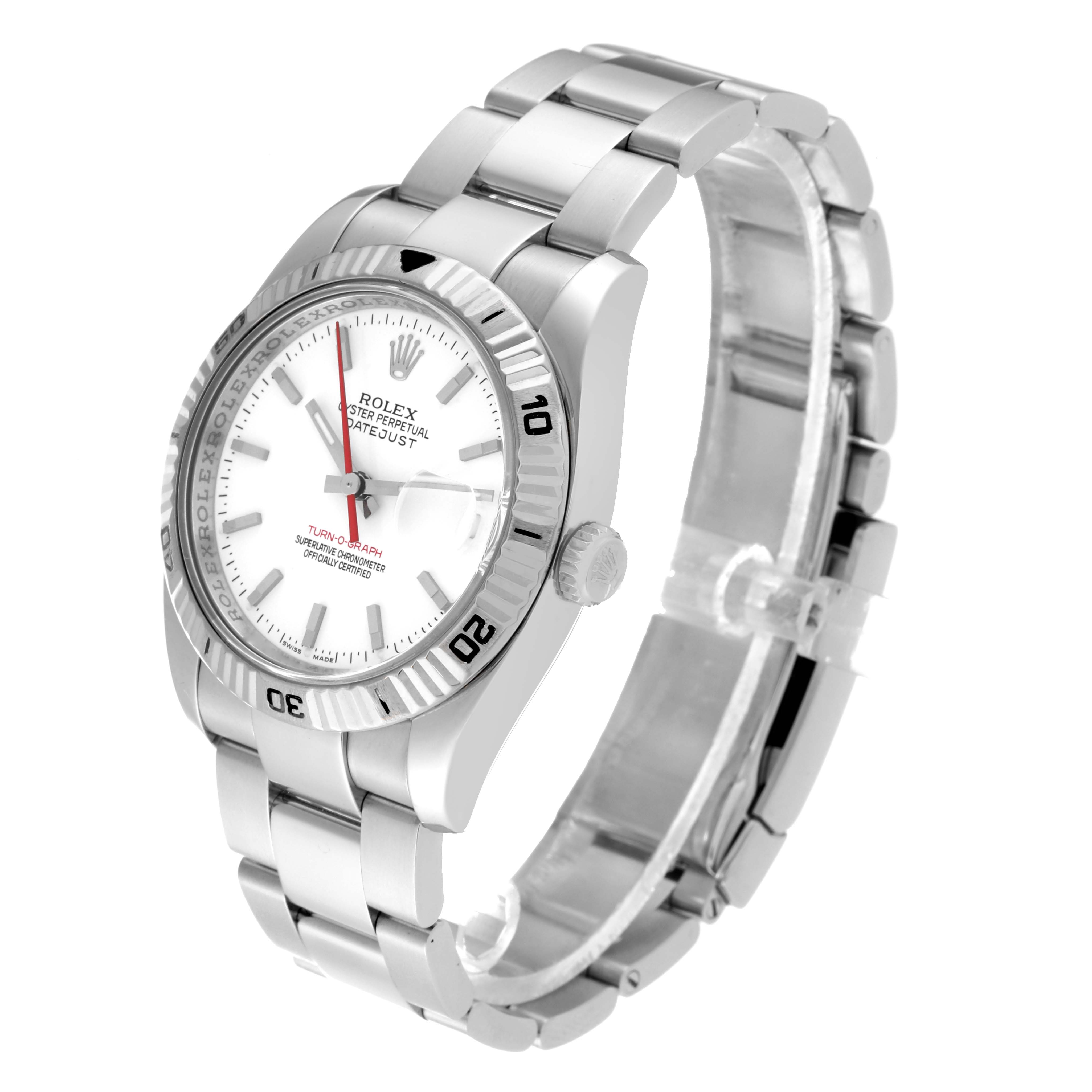 The Rolex Turn-o-Graph 116264 Men's Stainless Steel White Dial 116264 Men's Stainless Steel White Dial watch is shown at a three-quarter angle, highlighting the face, bezel, crown, and bracelet.