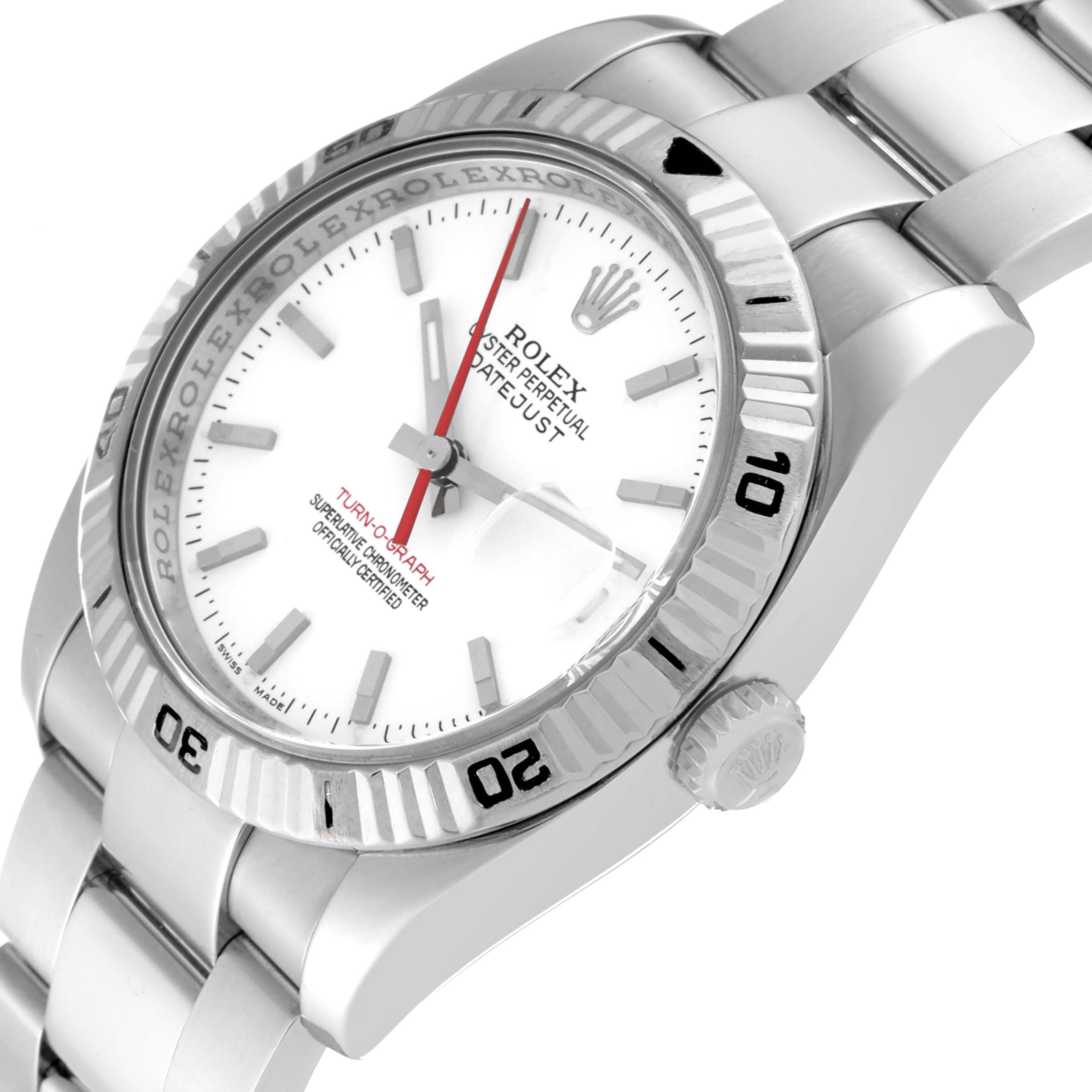 The image shows a Turn-o-Graph model by Rolex at a slight angle, highlighting its dial, bezel, case, and bracelet.