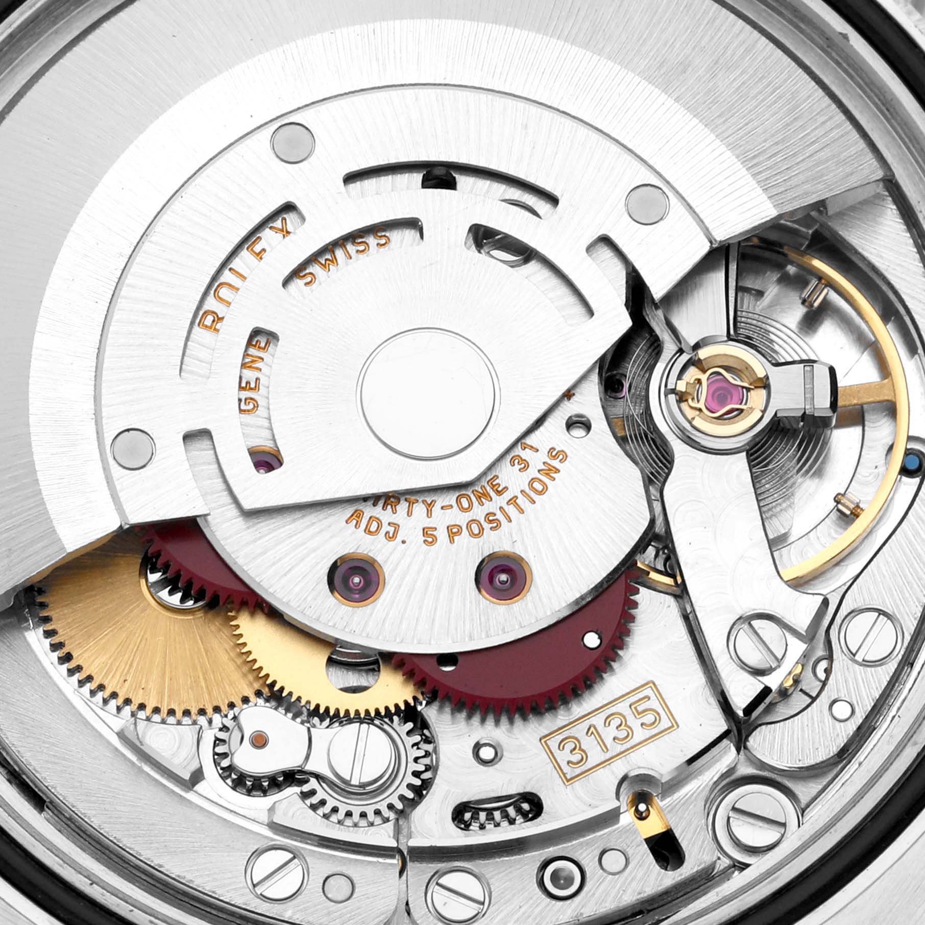 This is a close-up view of the Rolex Turn-o-Graph 116264 Men's Stainless Steel White Dial 116264 Men's Stainless Steel White Dial model, showing its intricate internal movement and components.