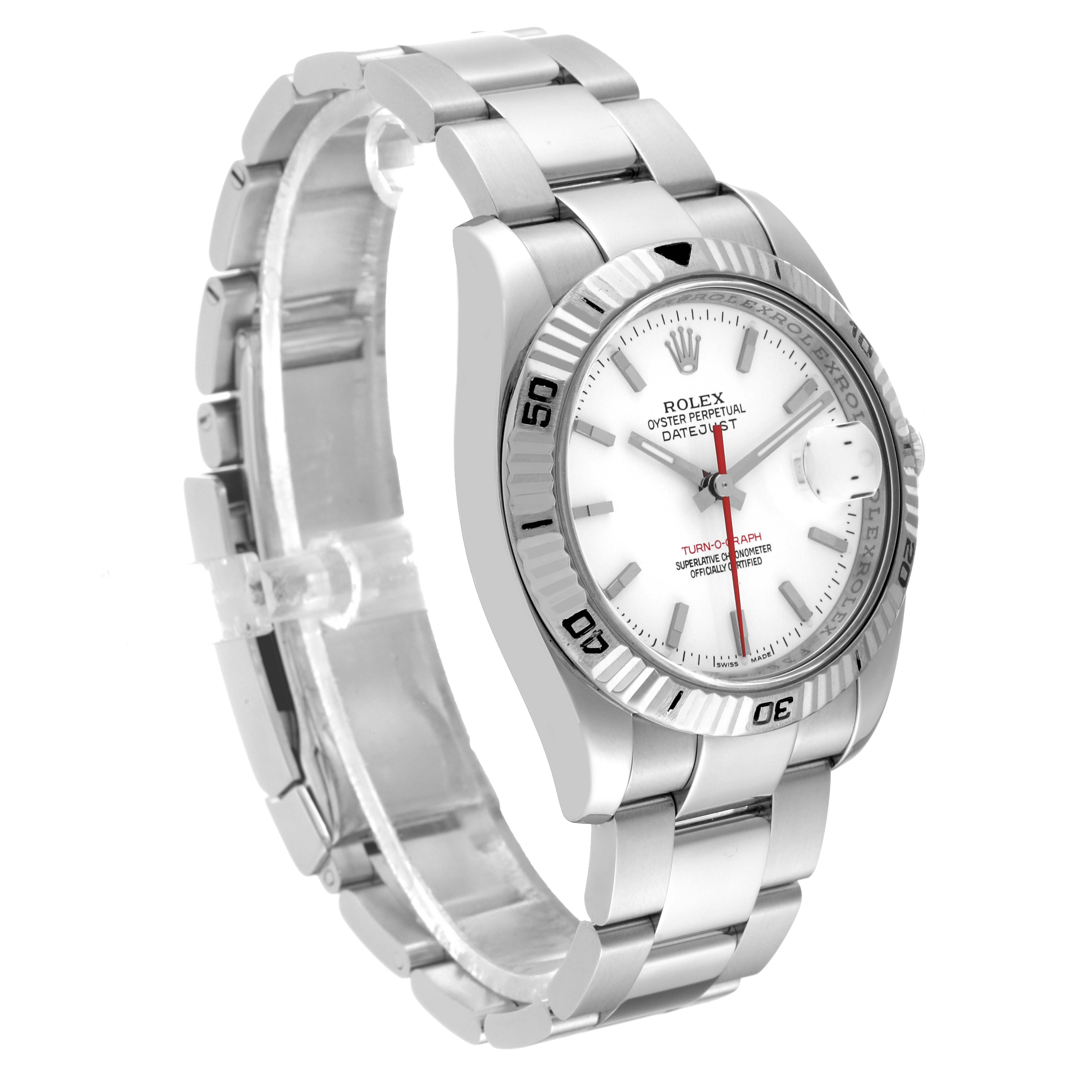 The image shows a side-angle view of the Rolex Turn-o-Graph 116264 Men's Stainless Steel White Dial 116264 Men's Stainless Steel White Dial watch, highlighting the face, bezel, and band.
