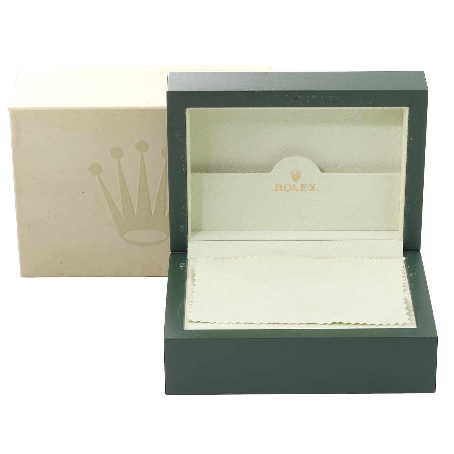 This image shows a Rolex Turn-o-Graph 116264 Men's Stainless Steel White Dial 116264 Men's Stainless Steel White Dial watch box and its outer case, opened to reveal the interior branding and watch cloth.