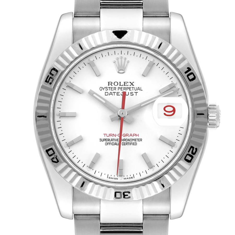 The image shows a front view of a Rolex Turn-o-Graph watch, highlighting the dial, hands, bezel, and part of the bracelet.