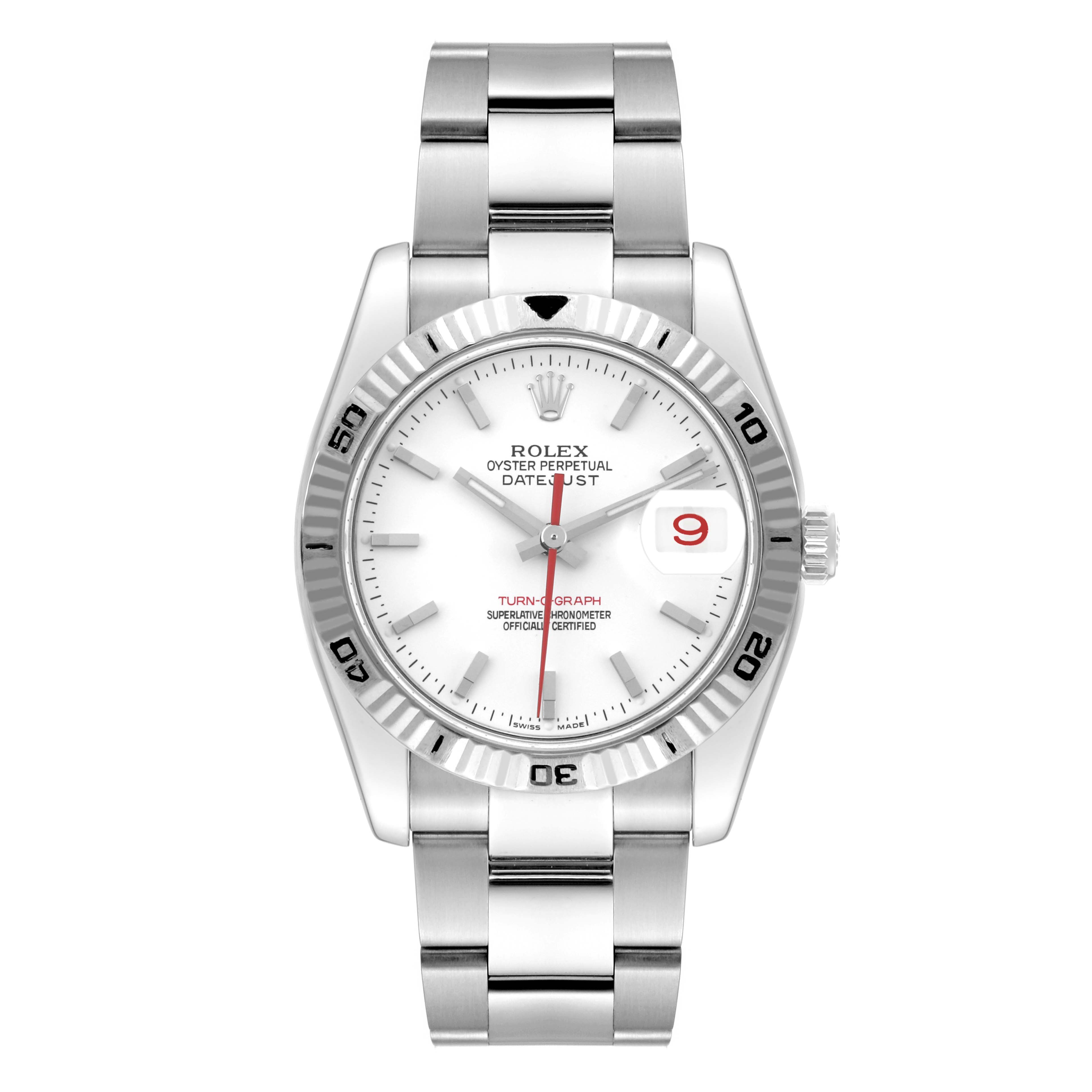 The image shows a front view of a Rolex Turn-o-Graph 116264 Men's Stainless Steel White Dial 116264 Men's Stainless Steel White Dial watch, displaying its entire dial, bezel, and band.