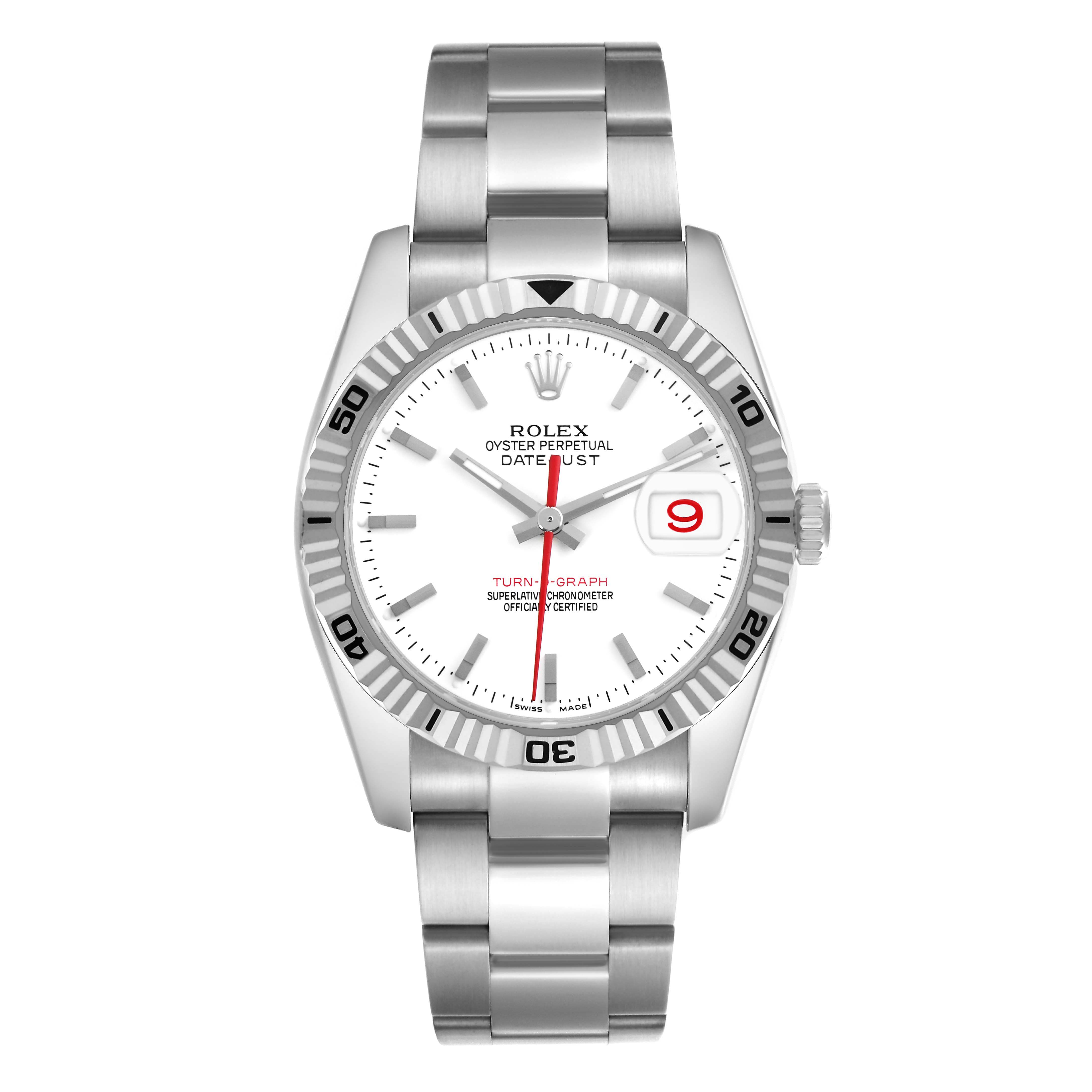 The Rolex Turn-o-Graph 116264 Men
s Stainless Steel White Dial 116264 Men
s Stainless Steel White Dial watch is shown from a front angle, displaying its face, bezel, crown, and bracelet.