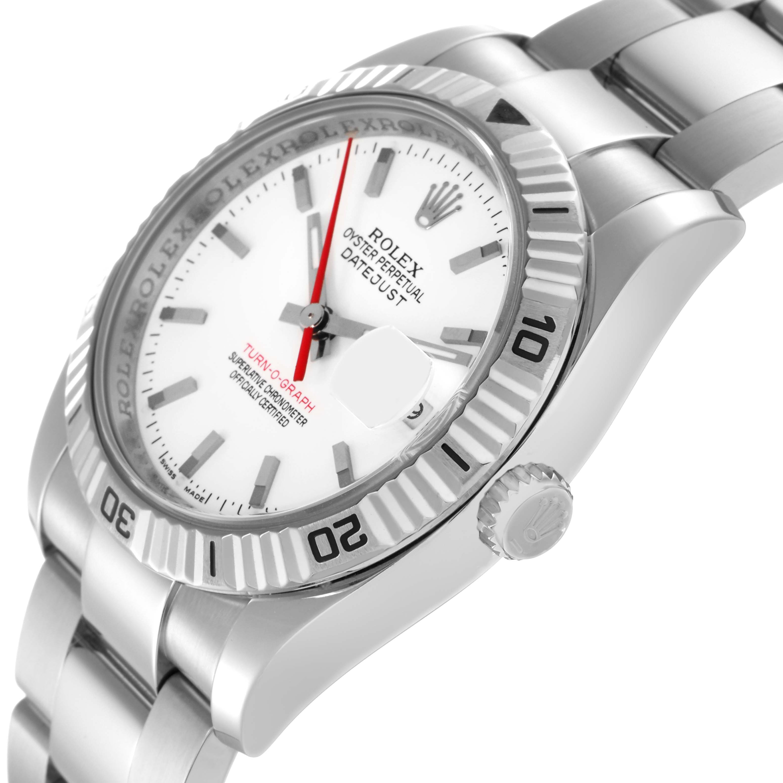 The Rolex Turn-o-Graph 116264 Men
s Stainless Steel White Dial 116264 Men
s Stainless Steel White Dial watch is shown at a slight side angle, highlighting the bezel, bracelet, and crown.
