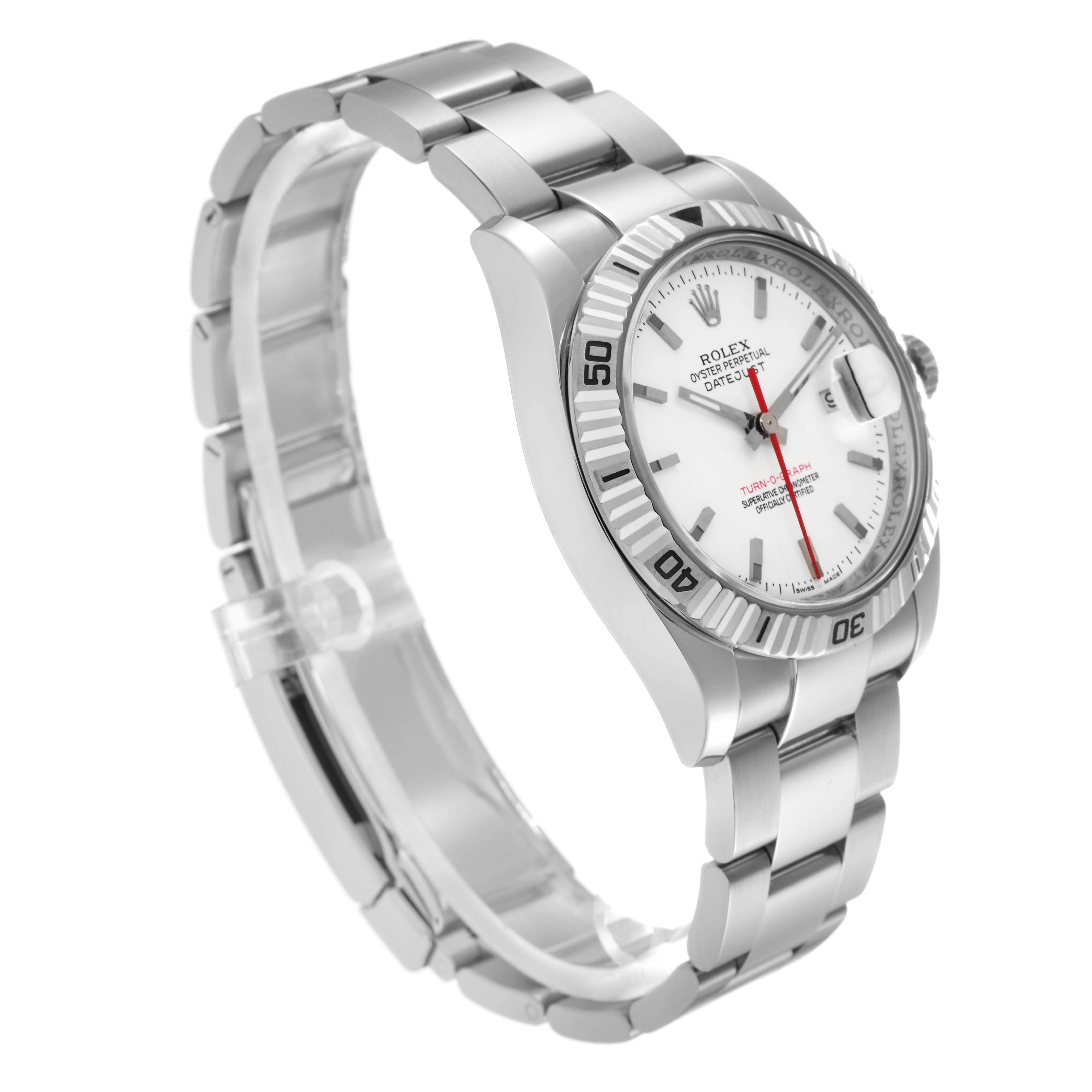 The Rolex Turn-o-Graph 116264 Men
s Stainless Steel White Dial 116264 Men
s Stainless Steel White Dial watch is shown at an angled view, highlighting the dial, bezel, bracelet, and crown.