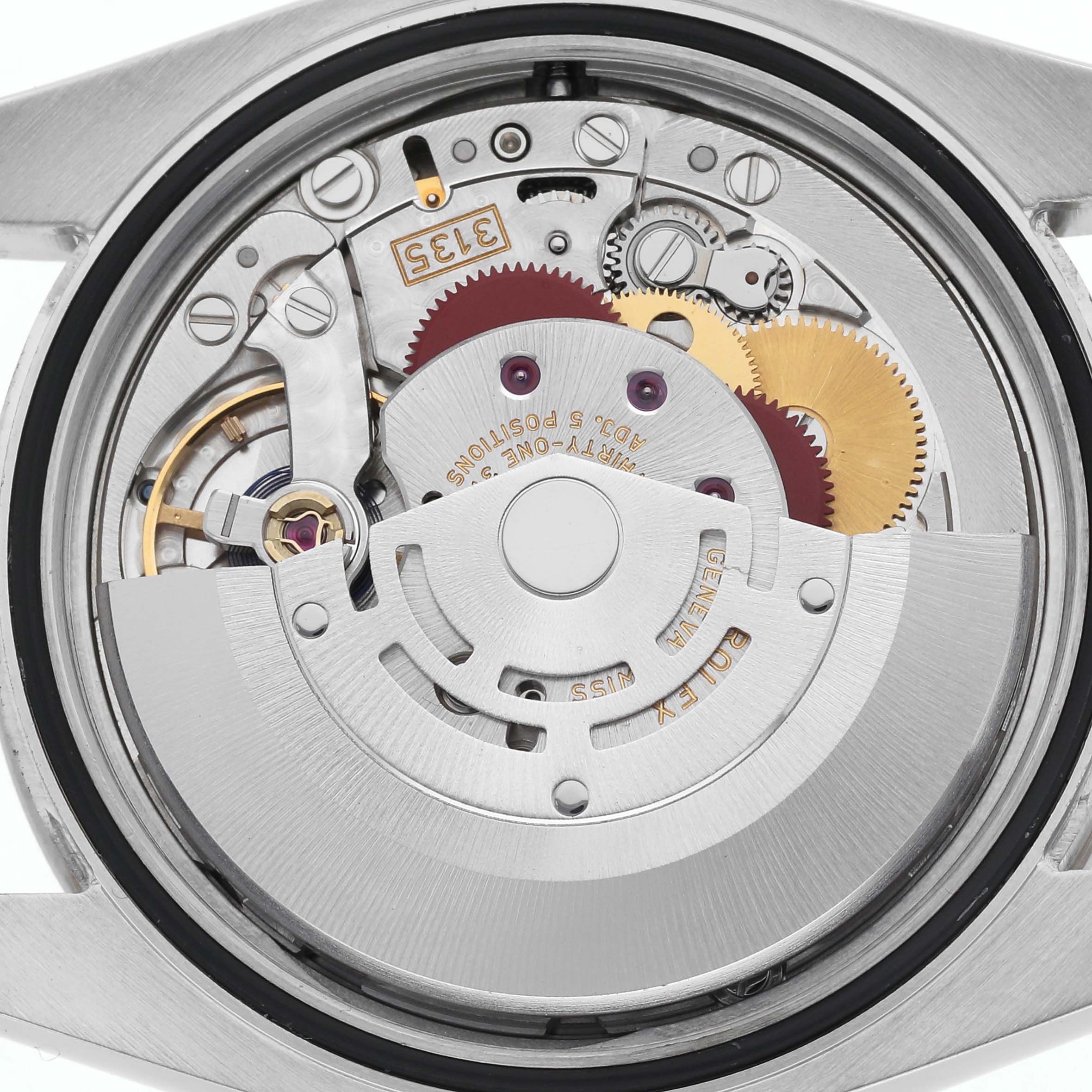 This image shows the movement of a Rolex Turn-o-Graph 116264 Men
s Stainless Steel White Dial 116264 Men
s Stainless Steel White Dial from the back angle, highlighting gears and the rotor.