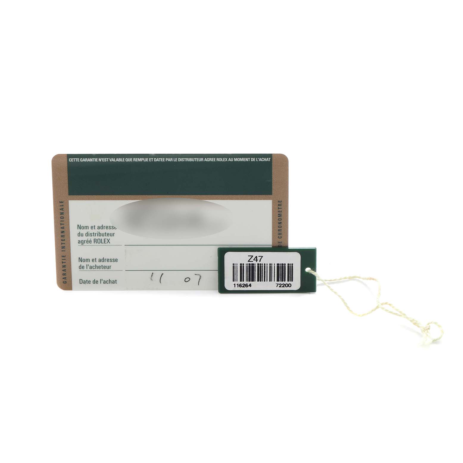 This image shows a Rolex Turn-o-Graph 116264 Men
s Stainless Steel White Dial 116264 Men
s Stainless Steel White Dial warranty card and a hang tag with a barcode and serial number.