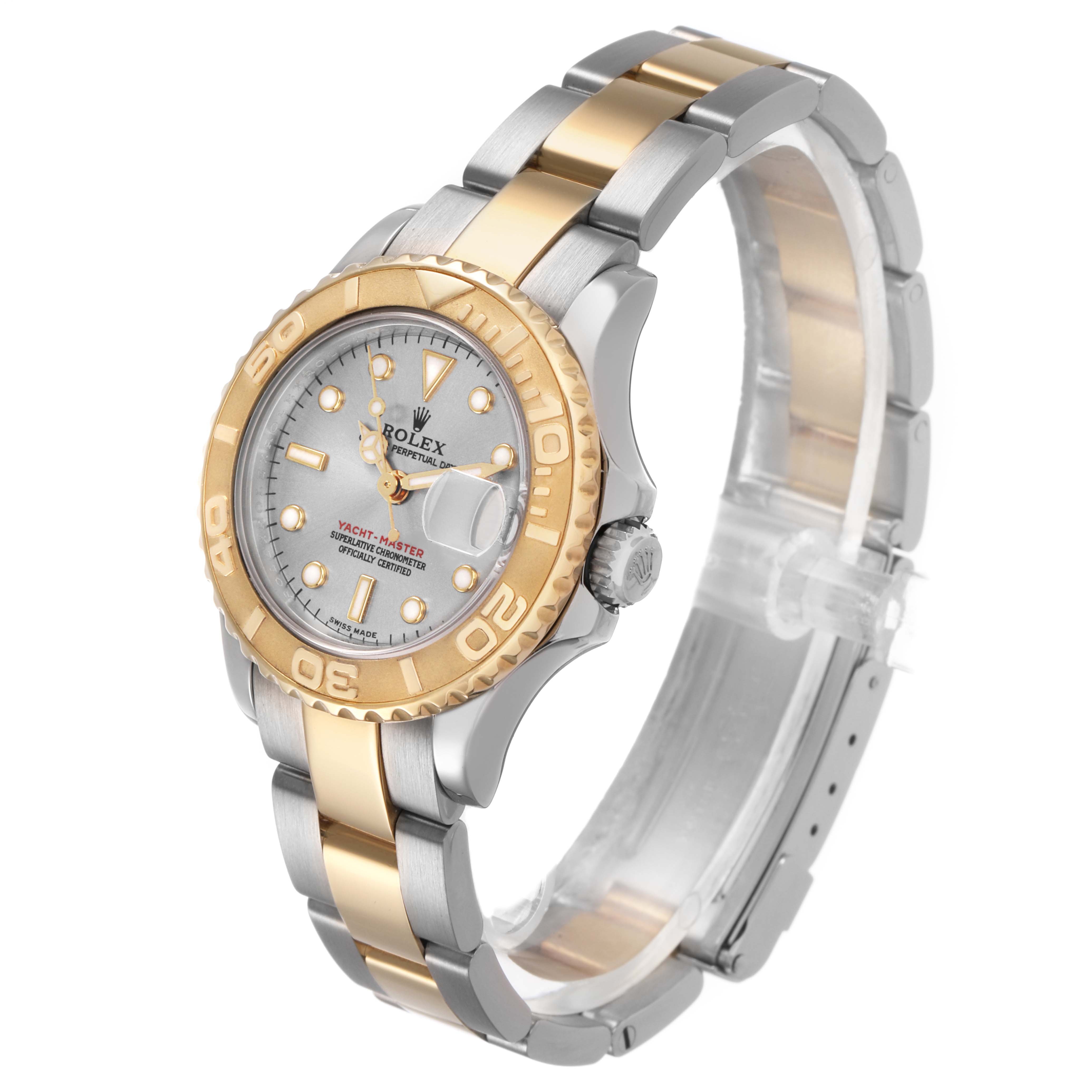 The Rolex Yacht-Master 169623 Men's Steel and Gold (two tone) Green Dial watch is shown at a three-quarter angle, highlighting the bezel, dial, crown, and two-tone bracelet.