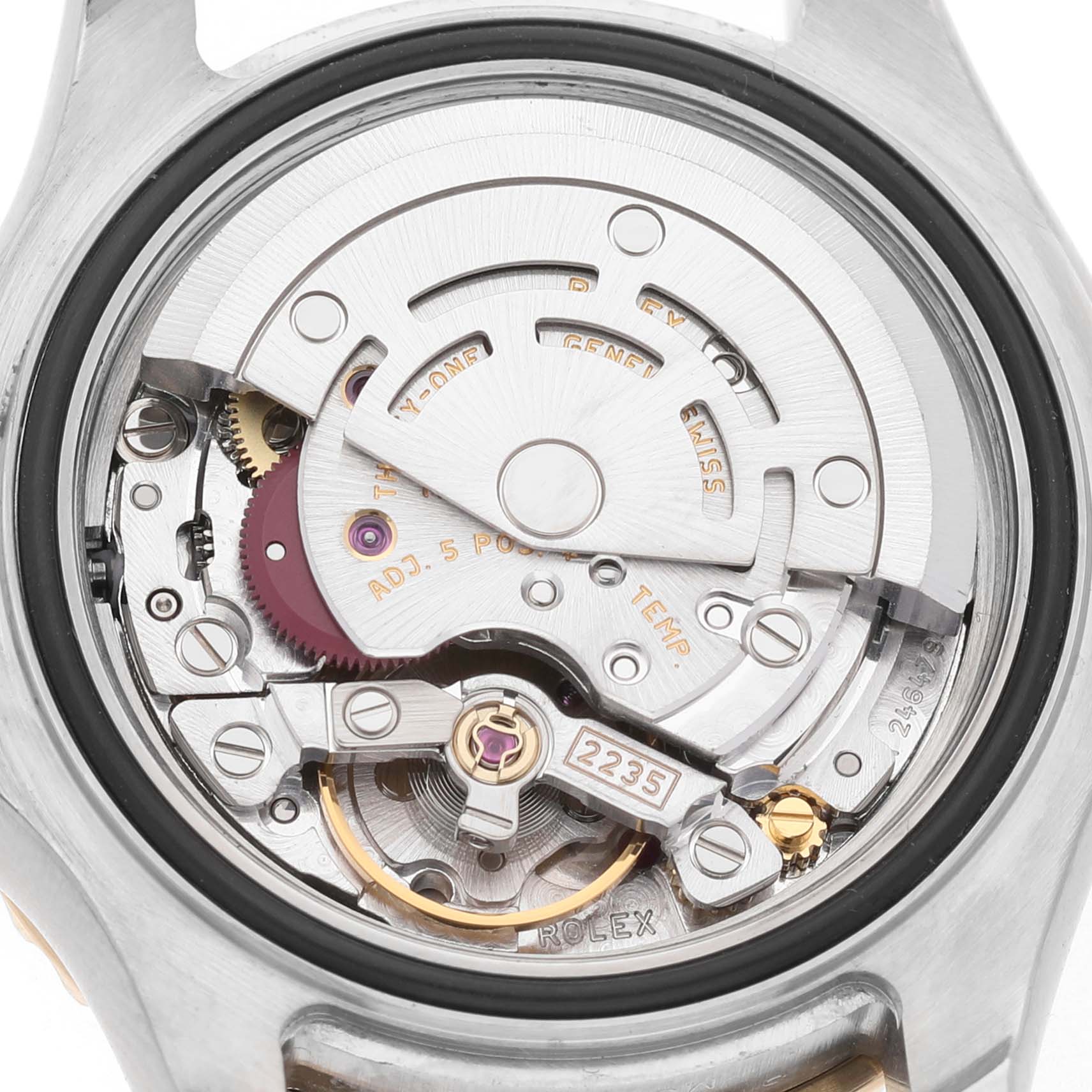 The image shows the movement of a Rolex Yacht-Master 169623 Men's Steel and Gold (two tone) Green Dial watch from a back angle, highlighting its mechanical components.