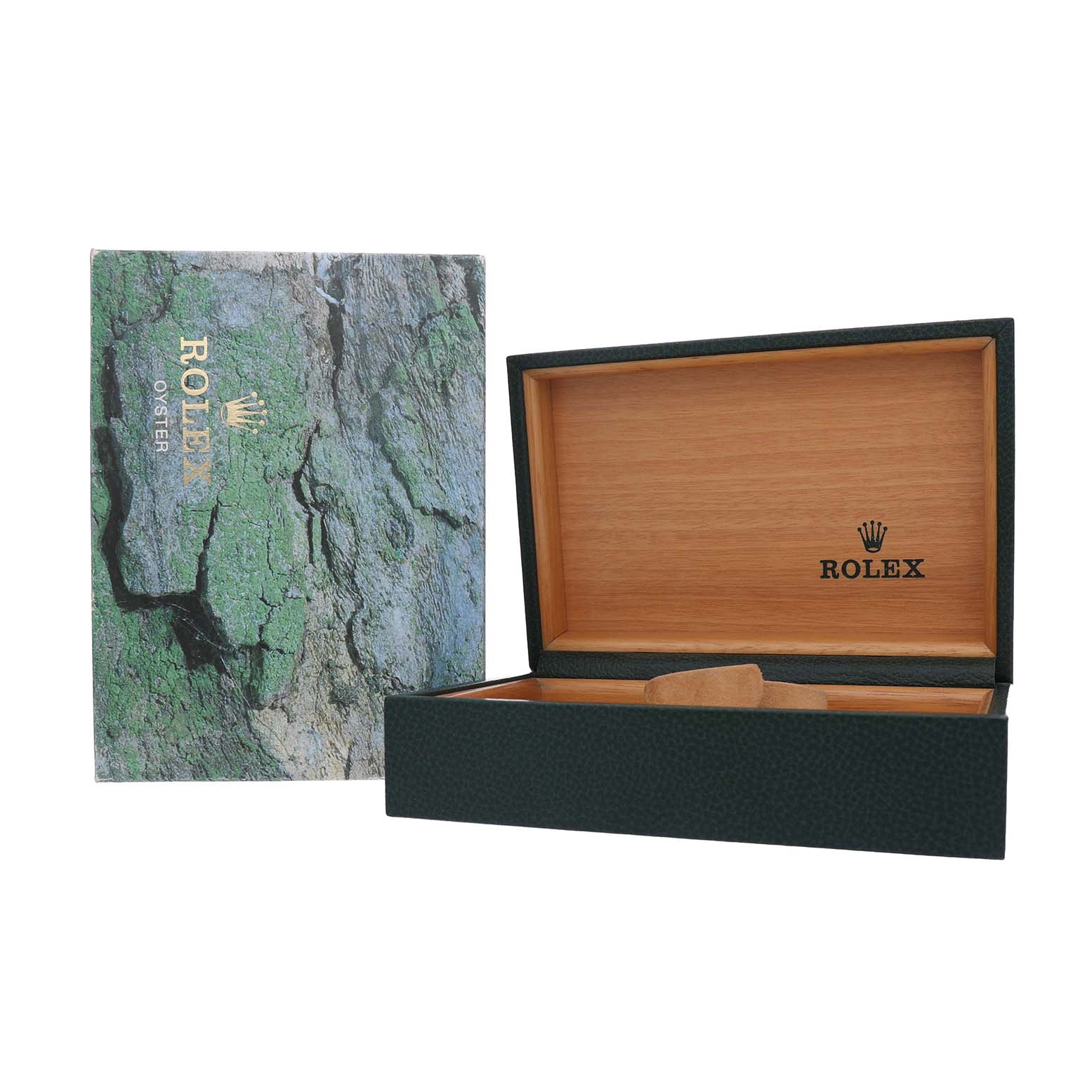 The image shows an open Rolex Yacht-Master 169623 Men's Steel and Gold (two tone) Green Dial watch box set at an angle, revealing the interior and outer packaging.