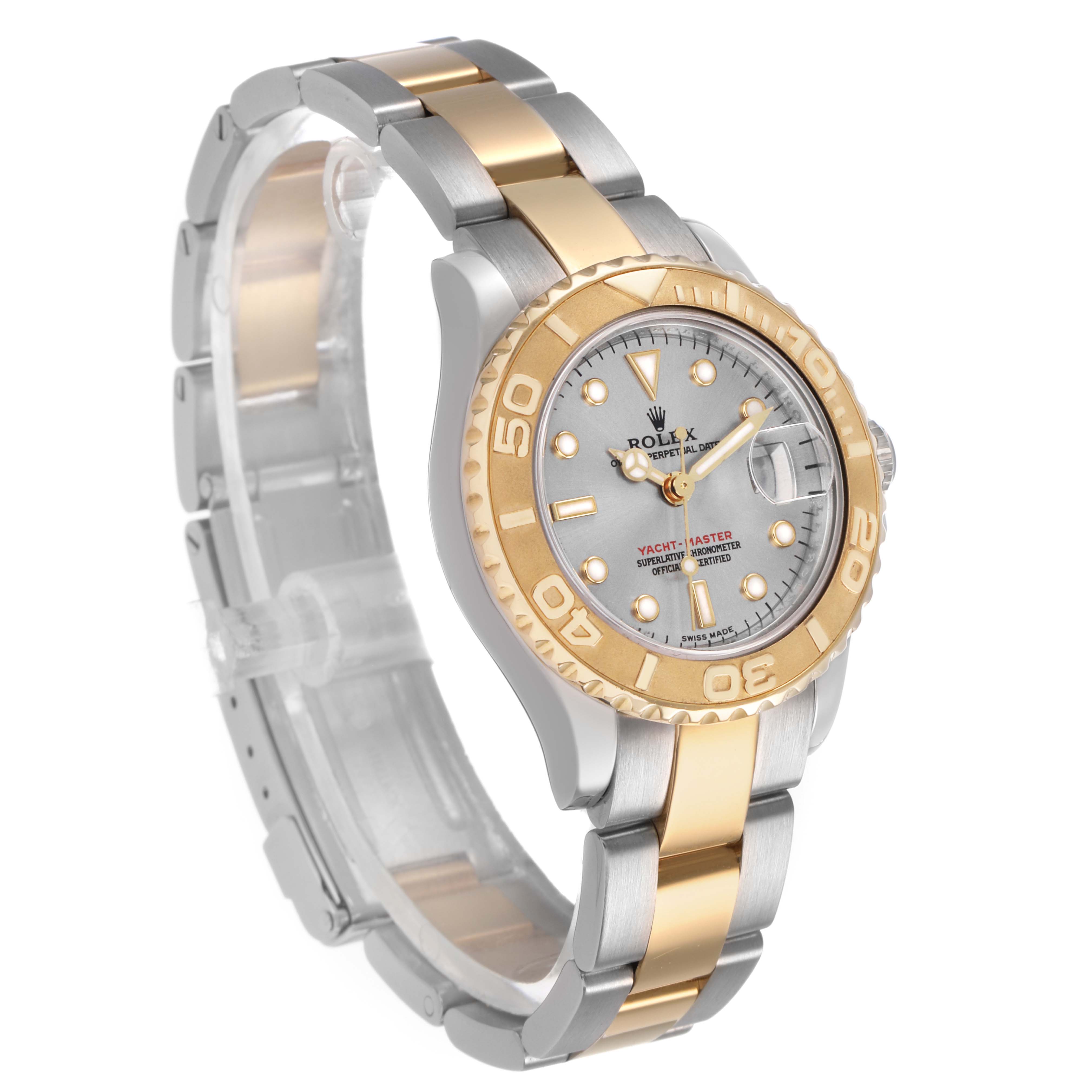 The Rolex Yacht-Master 169623 Men's Steel and Gold (two tone) Green Dial watch is shown at a three-quarter angle, displaying its bezel, dial, and two-tone bracelet.