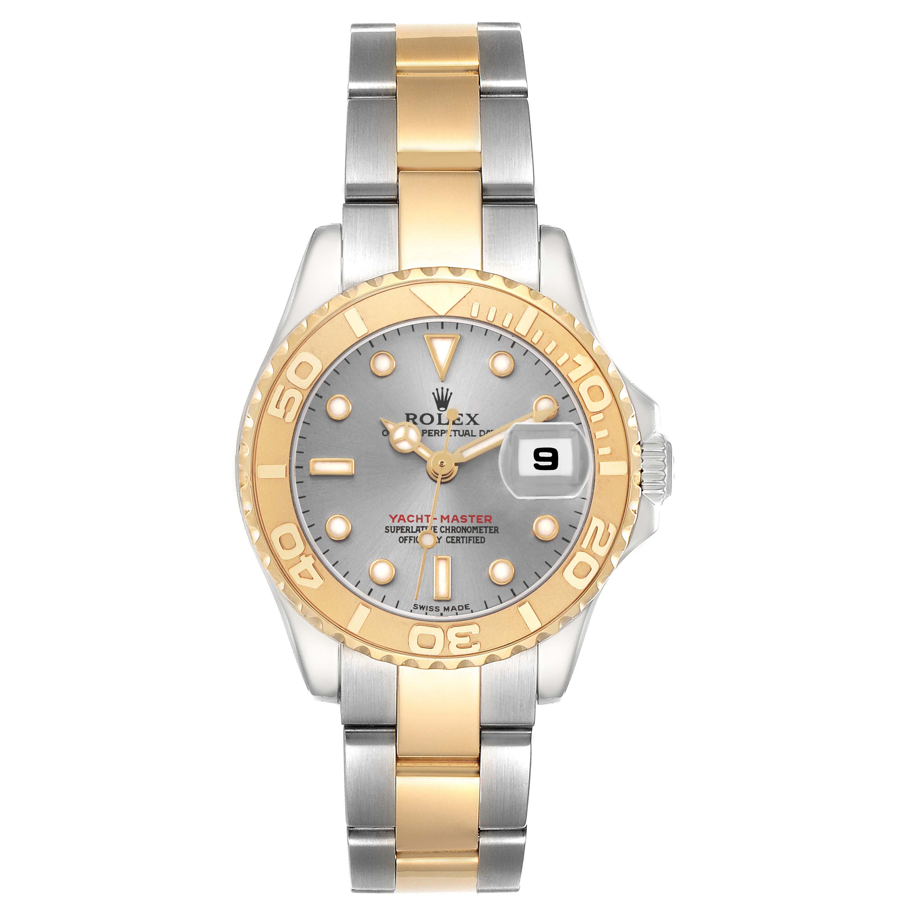 The Rolex Yacht-Master 169623 Men's Steel and Gold (two tone) Green Dial watch is shown from a top-down angle, showcasing the face, bezel, and bracelet.