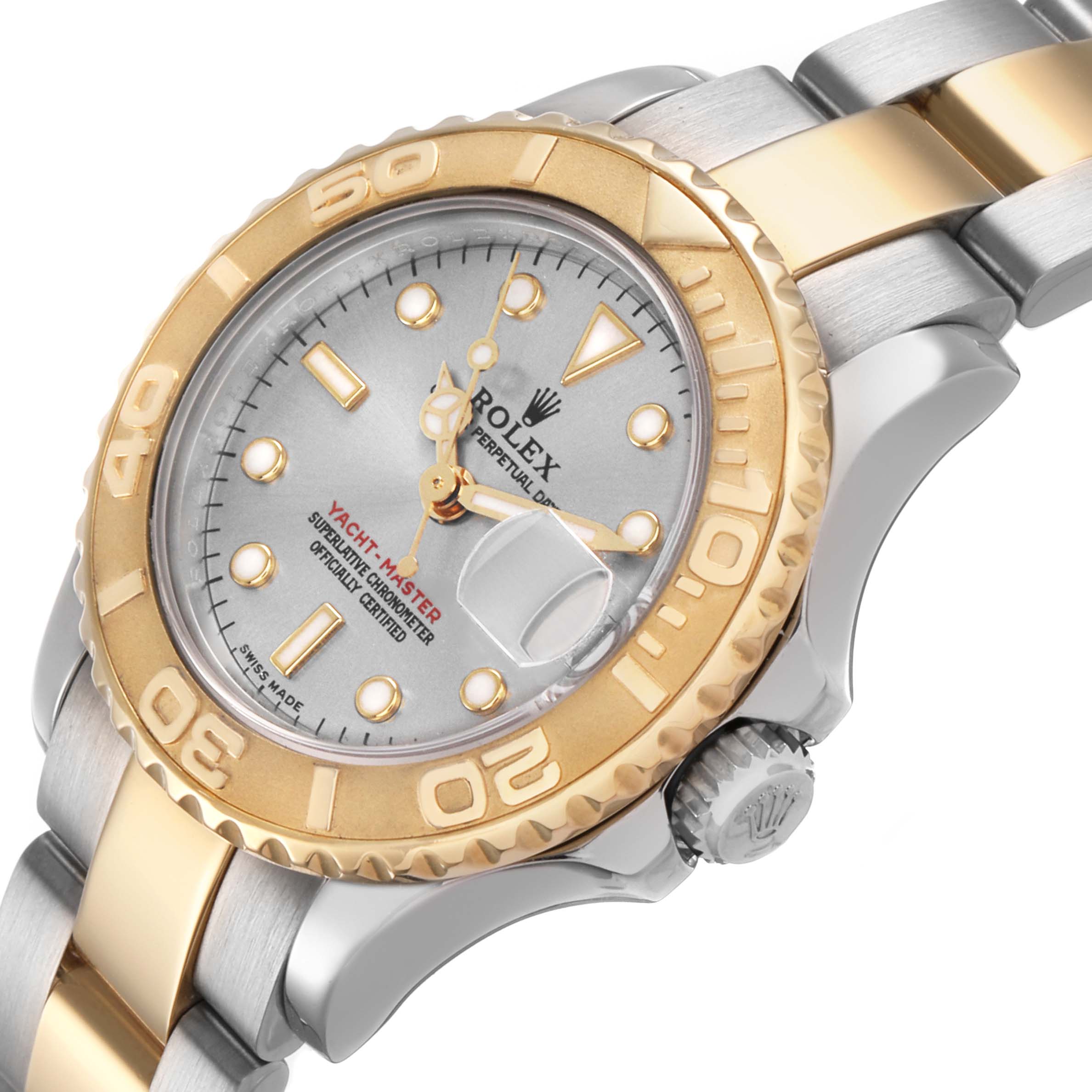 The Rolex Yacht-Master 169623 Men's Steel and Gold (two tone) Green Dial watch is shown at an angled view highlighting the dial, bezel, and two-tone bracelet.
