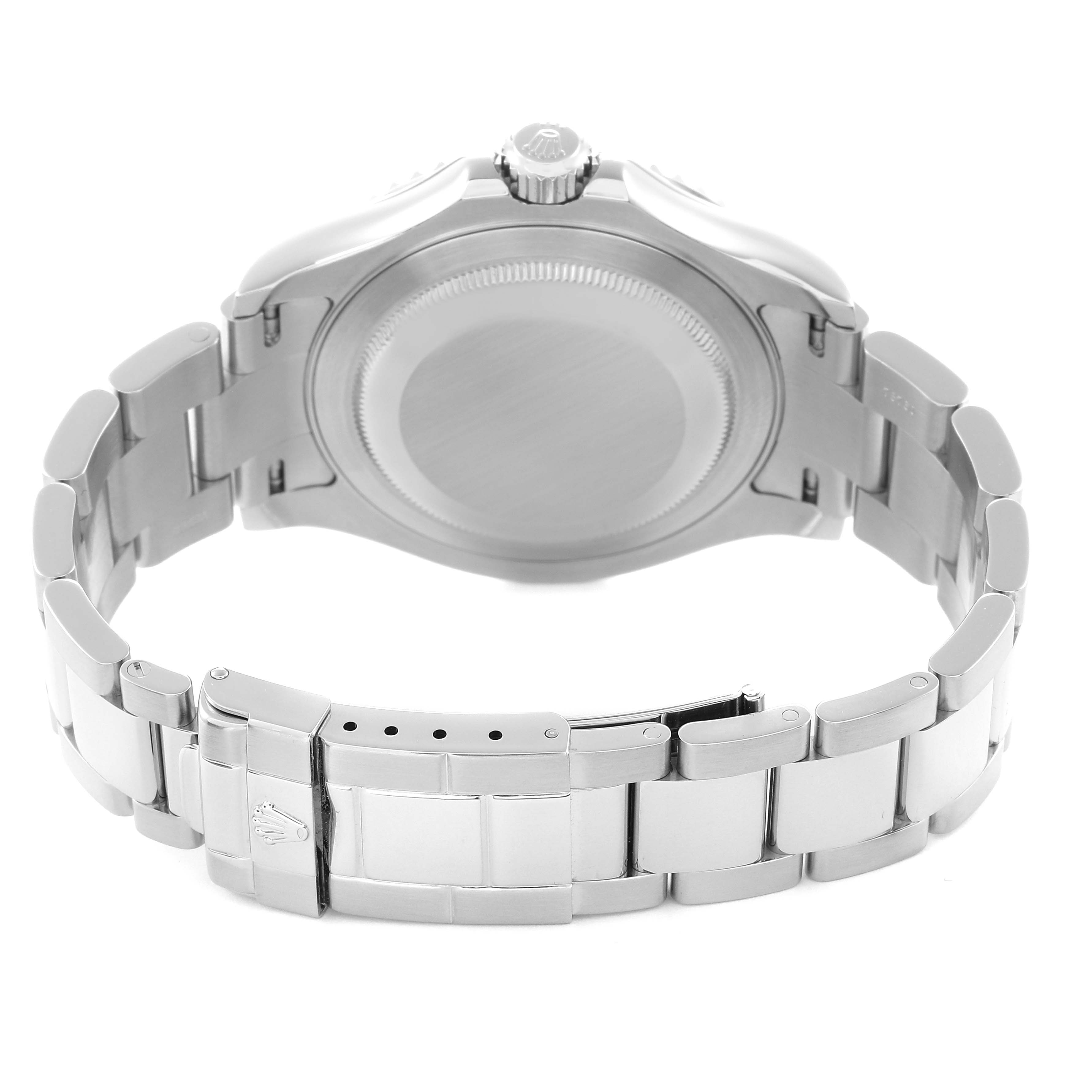 The image shows the back case and bracelet of a Rolex Yacht-Master 16622 Men
s Stainless Steel Silver Dial 16622 Men
s Stainless Steel Silver Dial watch from a rear angle.