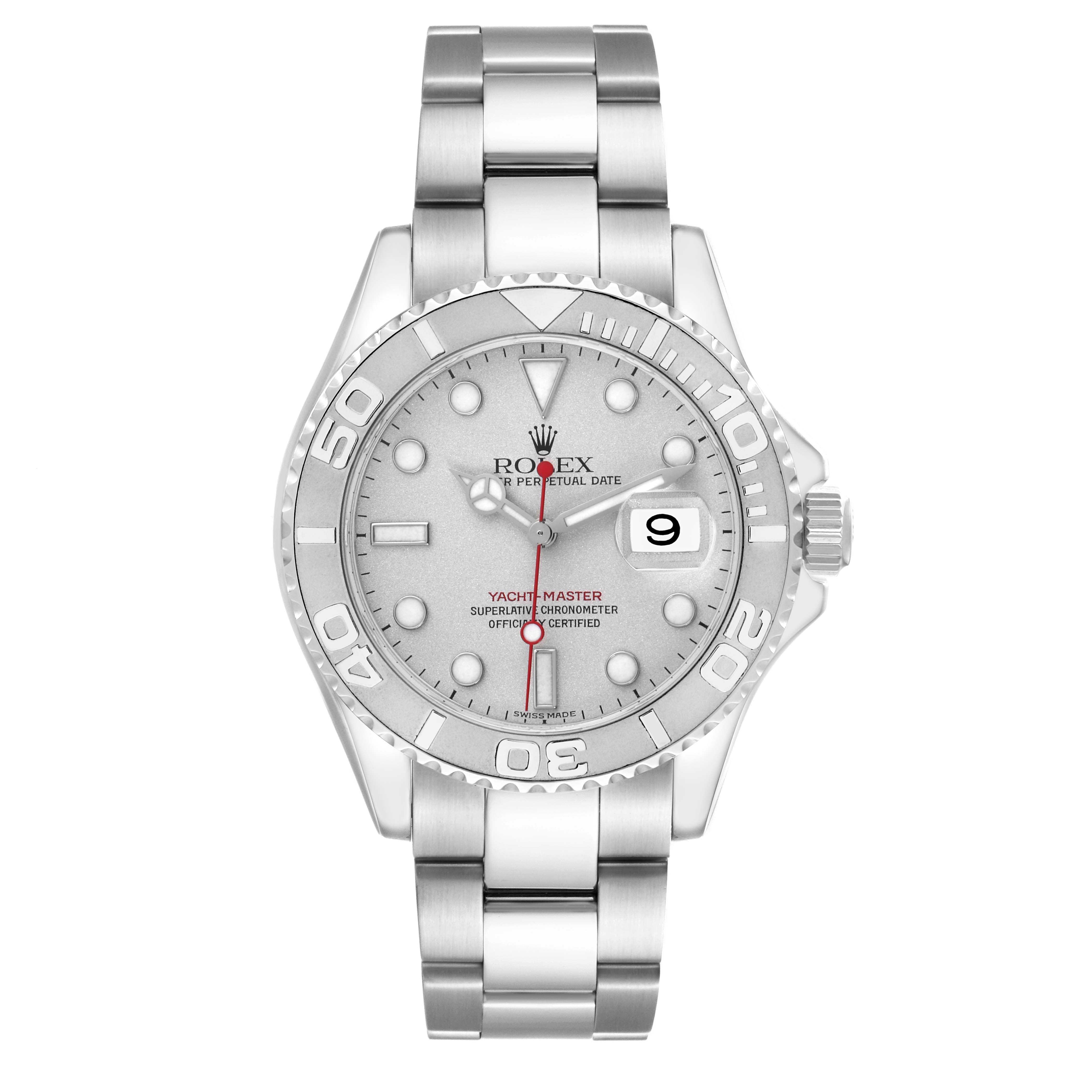 The Rolex Yacht-Master 16622 Men
s Stainless Steel Silver Dial 16622 Men
s Stainless Steel Silver Dial is shown from a frontal angle, displaying its dial, bezel, and bracelet clearly.