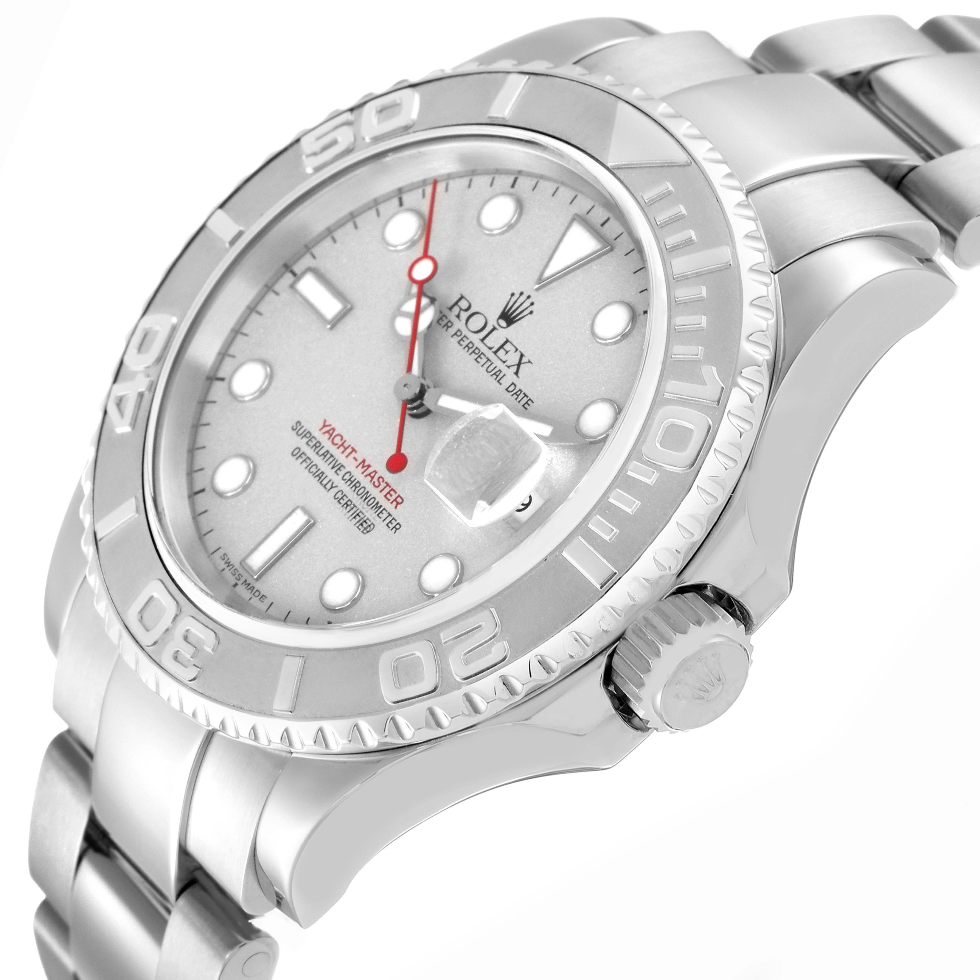 The Rolex Yacht-Master 16622 Men
s Stainless Steel Silver Dial 16622 Men
s Stainless Steel Silver Dial watch is shown at a slight angle, highlighting the bezel, dial, and part of the bracelet.
