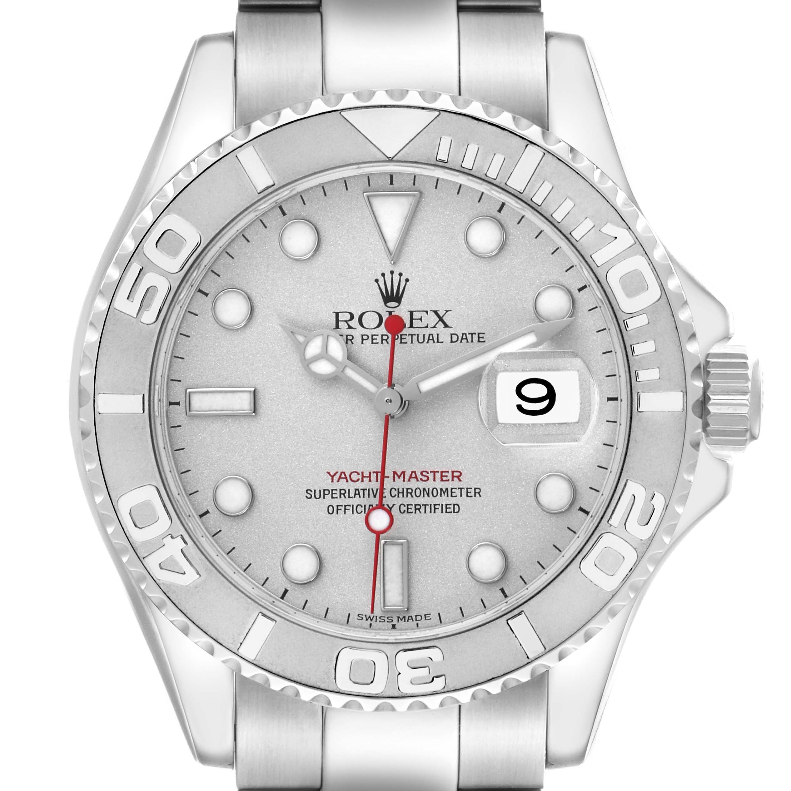 The Rolex Yacht-Master 16622 Men
s Stainless Steel Silver Dial 16622 Men
s Stainless Steel Silver Dial watch is shown from a front angle, highlighting the dial, bezel, crown, and part of the bracelet.