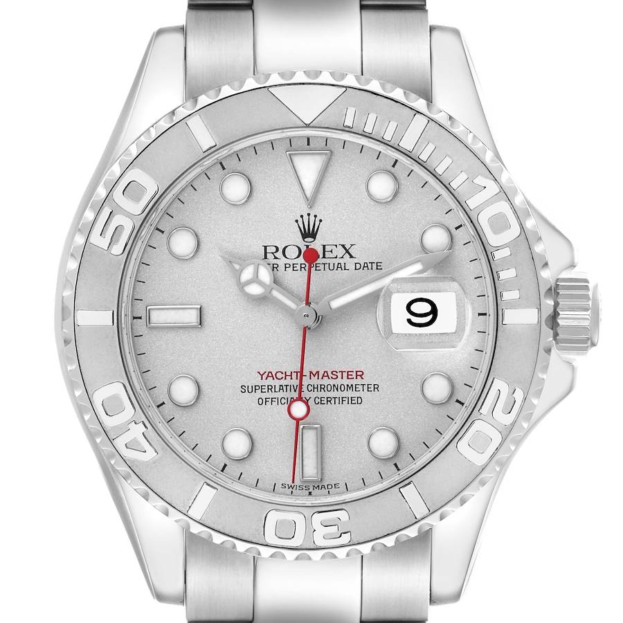 The Rolex Yacht-Master watch is shown from a front angle, highlighting the dial, bezel, crown, and part of the bracelet.