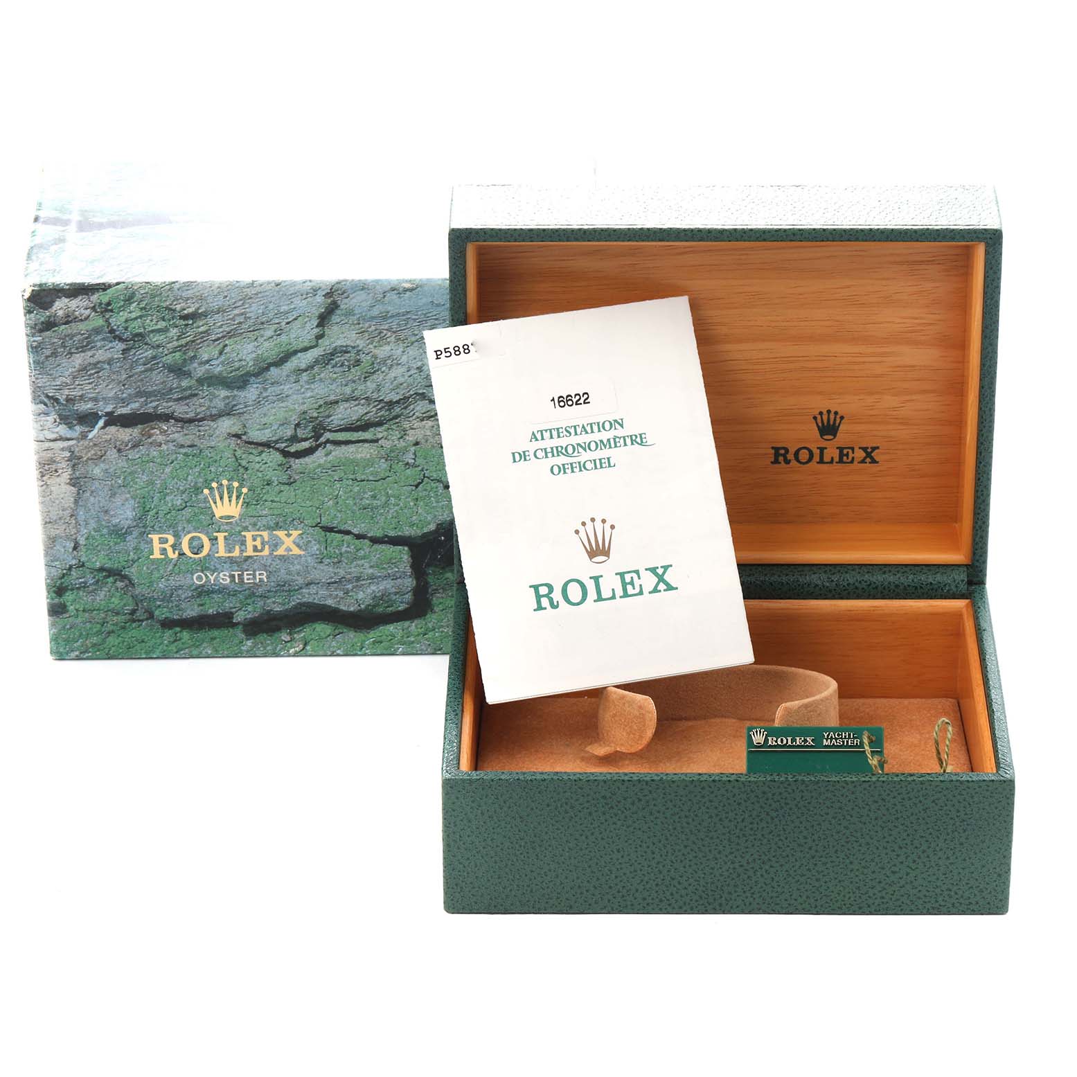 The image shows a Rolex Yacht-Master 16622 Men
s Stainless Steel Silver Dial 16622 Men
s Stainless Steel Silver Dial box with a certificate and tag angled for viewing the open box interior and packaging details.