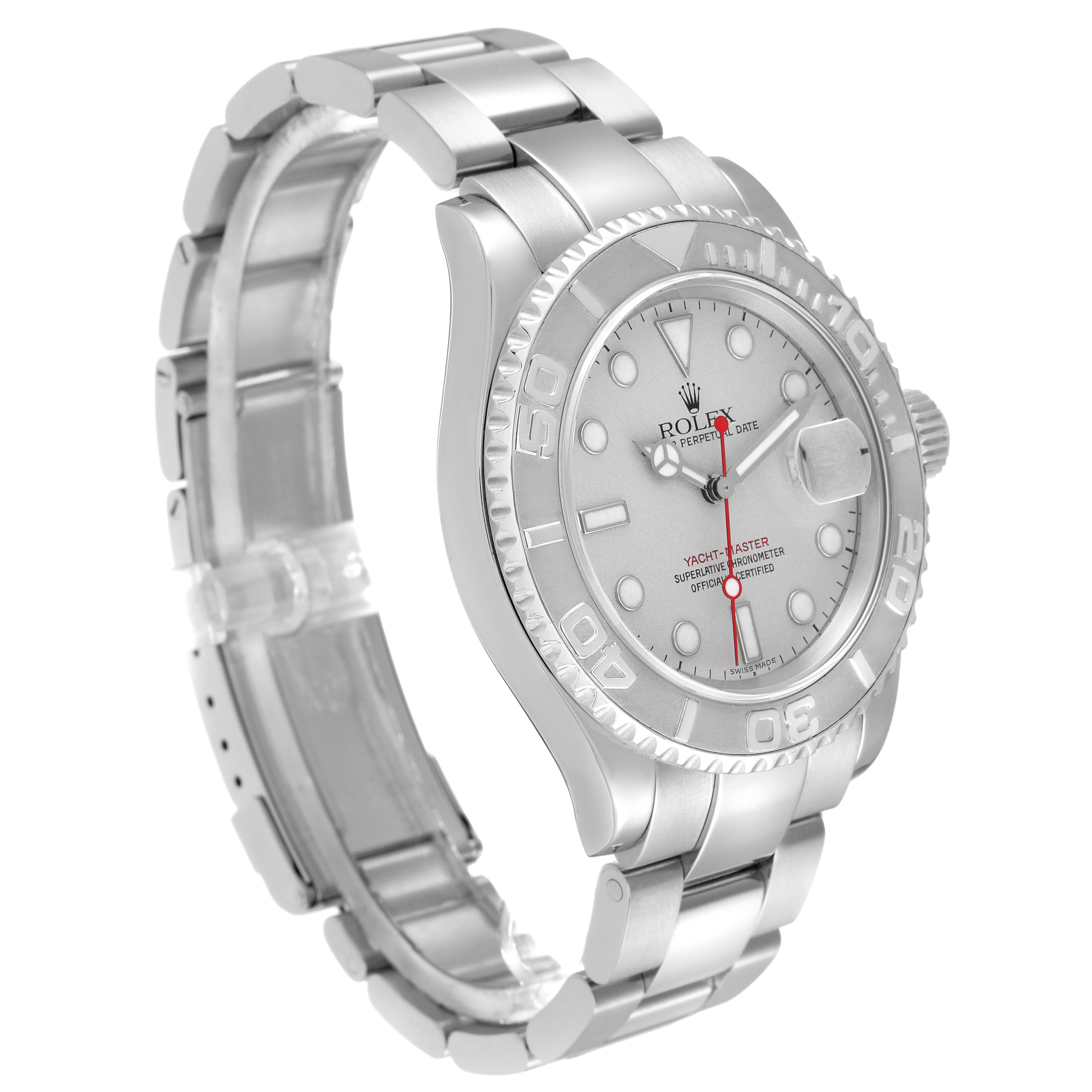 The Rolex Yacht-Master 16622 Men
s Stainless Steel Silver Dial 16622 Men
s Stainless Steel Silver Dial watch is shown at a slight angle, displaying the face, bezel, crown, and partial bracelet.