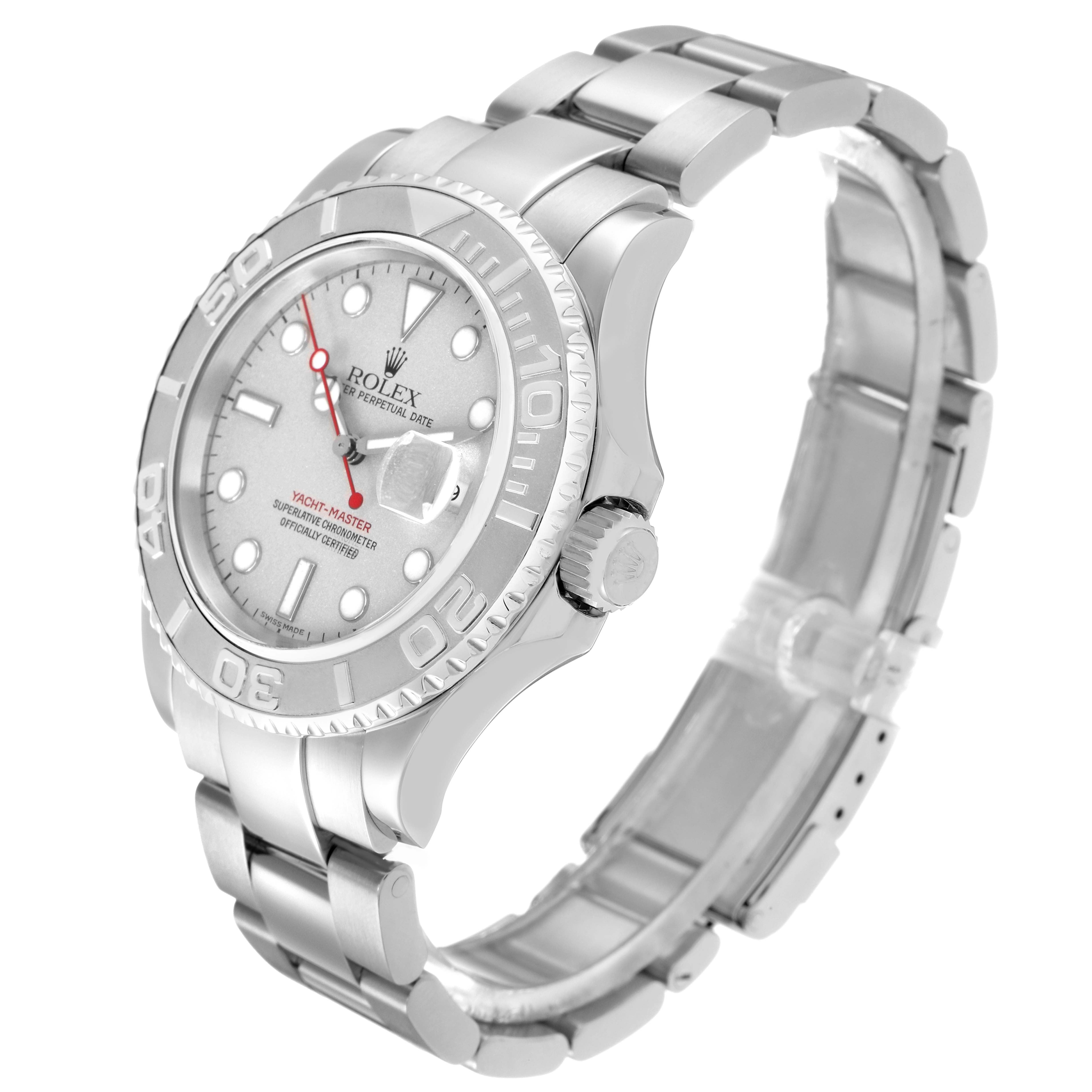 The Rolex Yacht-Master 16622 Men
s Stainless Steel Silver Dial 16622 Men
s Stainless Steel Silver Dial watch is shown at an angled view, highlighting the bezel, face, bracelet, and crown.
