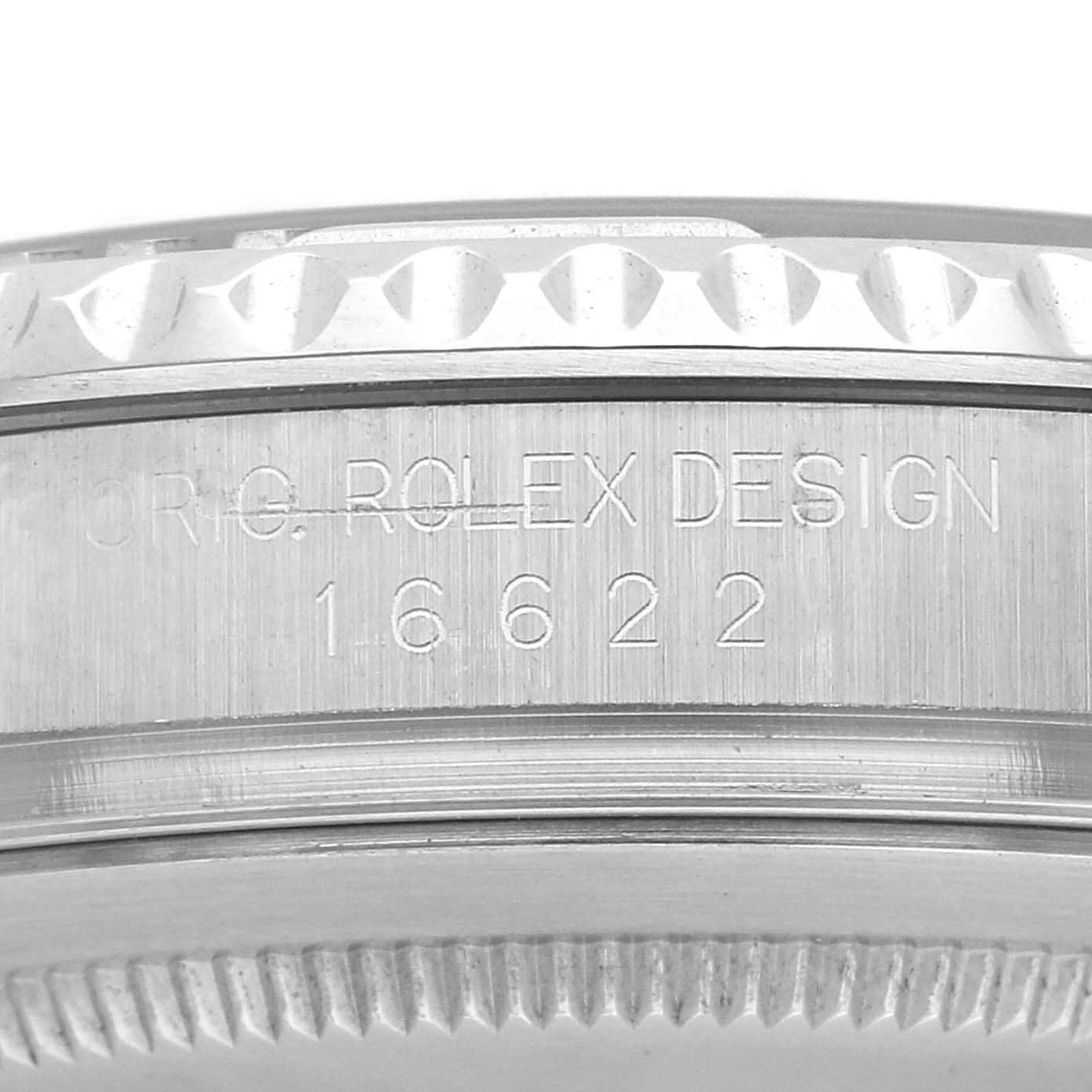 The image shows a close-up of the side of a Rolex Yacht-Master 16622 Men
s Stainless Steel Silver Dial 16622 Men
s Stainless Steel Silver Dial, highlighting its case design and model number 16622.