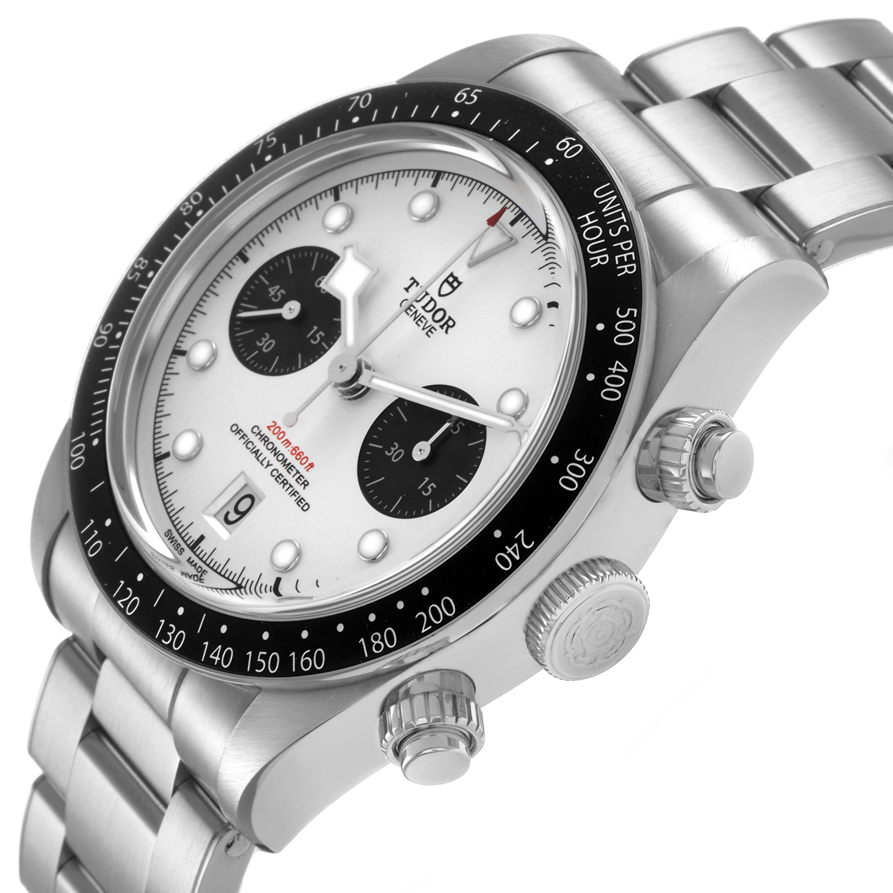 The Tudor Heritage Black Bay 79360 Men's Stainless Steel Silver Dial watch is shown at an angled side view, highlighting the dial, bezel, crown, and pushers.