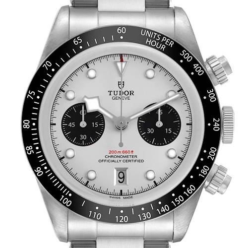 The Tudor Heritage Black Bay 79360 Mens Stainless Steel Silver Dial watch is shown from a front angle, displaying the dial, bezel, sub-dials, and crown.