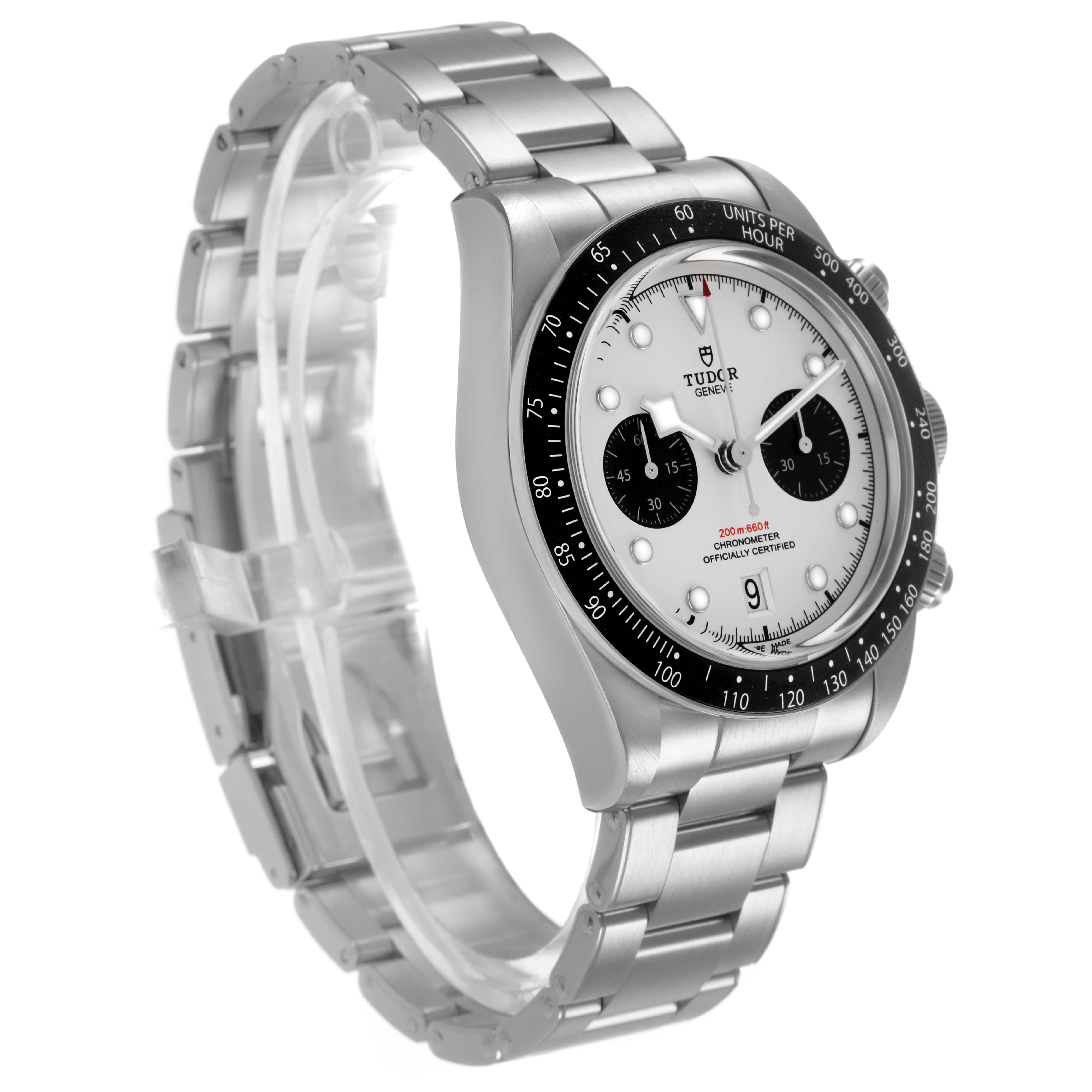 The Tudor Heritage Black Bay 79360 Men's Stainless Steel Silver Dial watch is shown at a three-quarter angle, highlighting its dial, bezel, and metal bracelet.