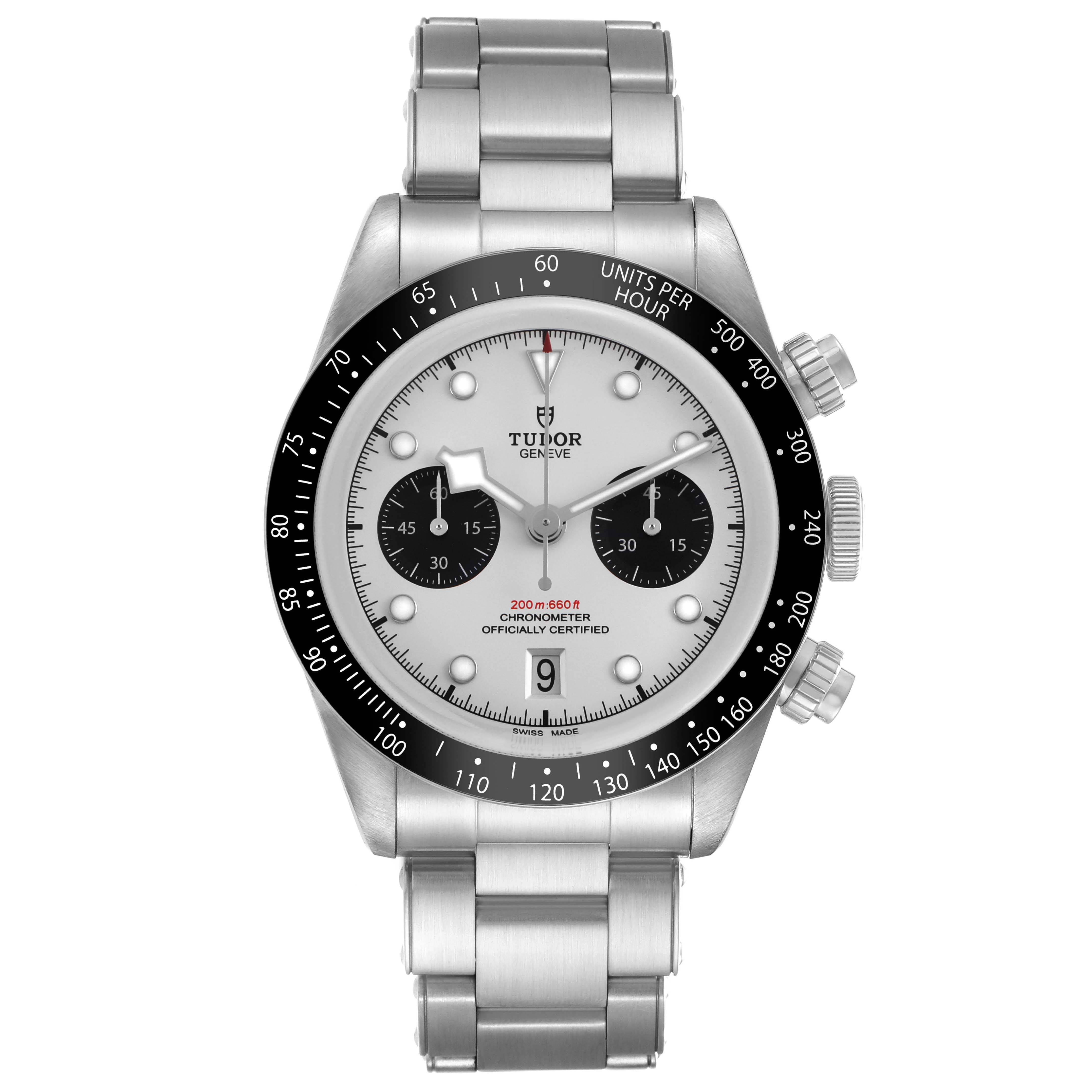 The Tudor Heritage Black Bay 79360 Men's Stainless Steel Silver Dial watch is shown from the front, highlighting its dial, bezel, and pushers.