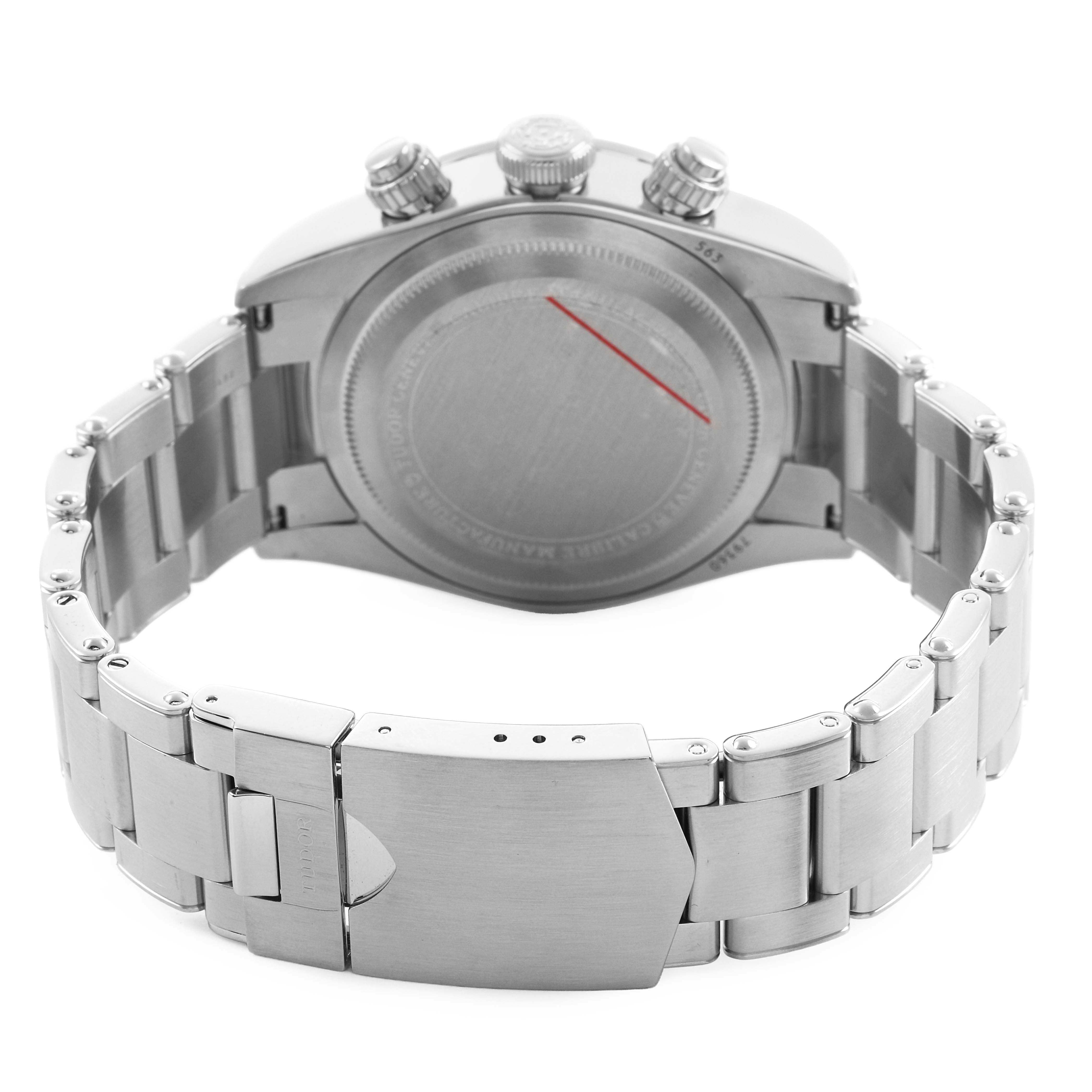 The image shows the Tudor Heritage Black Bay 79360 Men's Stainless Steel Silver Dial watch from a rear angle, highlighting the stainless steel bracelet and clasp.