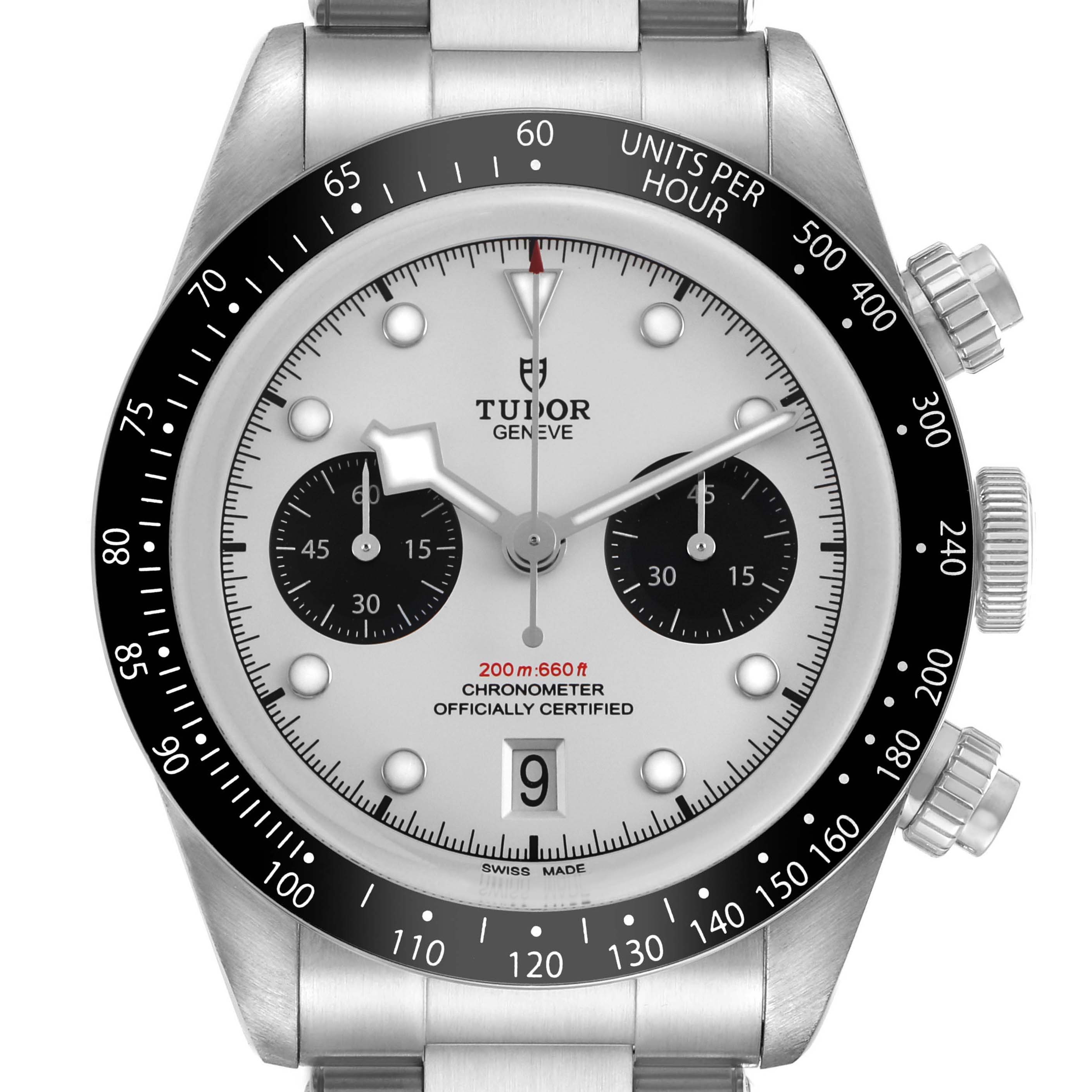 The Tudor Heritage Black Bay 79360 Men's Stainless Steel Silver Dial watch is shown from the front, highlighting its dial, bezel, subdials, and crown.