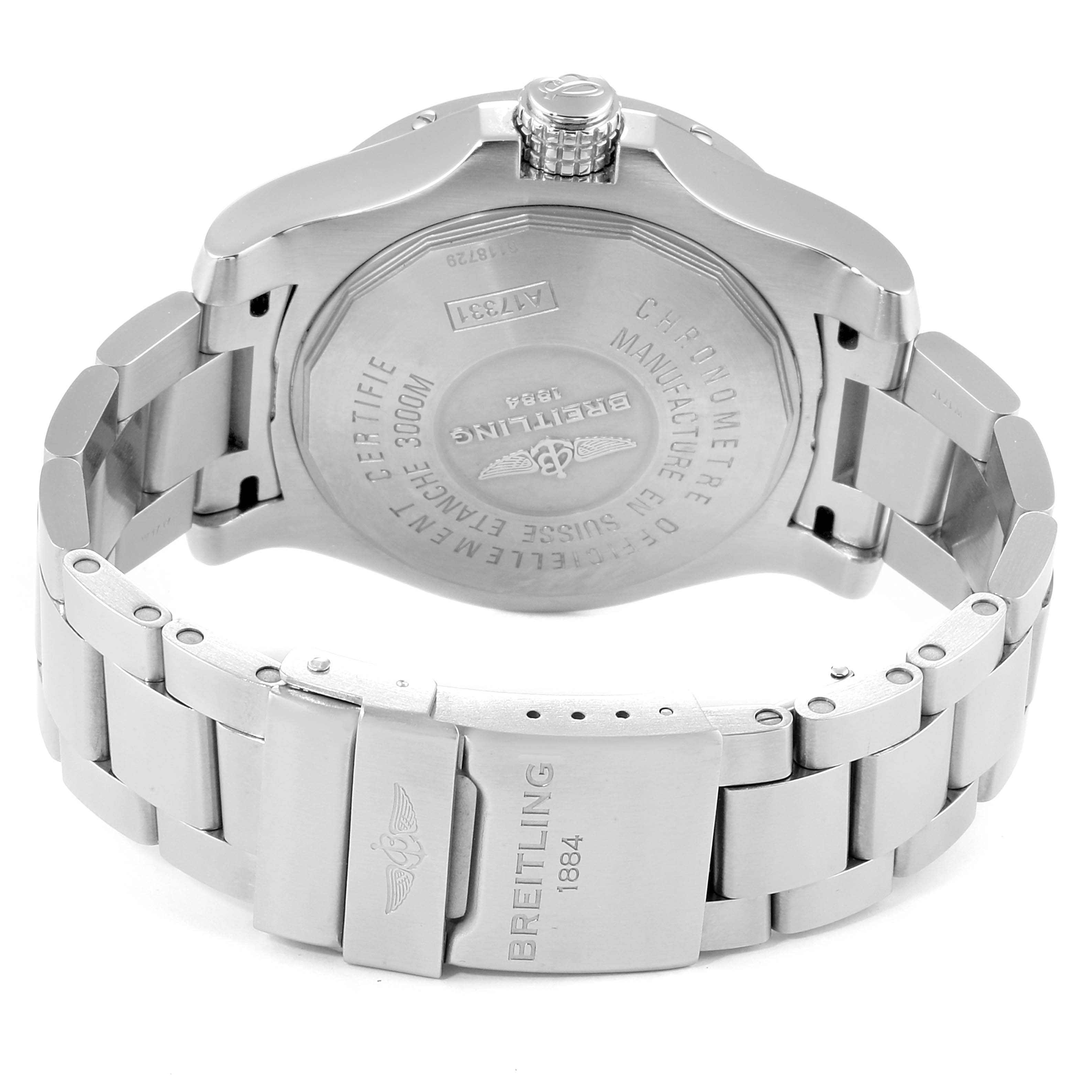 The image shows the backside and bracelet of a Breitling Avenger A17331 Men's Stainless Steel Black Dial A17331 Men's Stainless Steel Black Dial watch from an angled rear view.