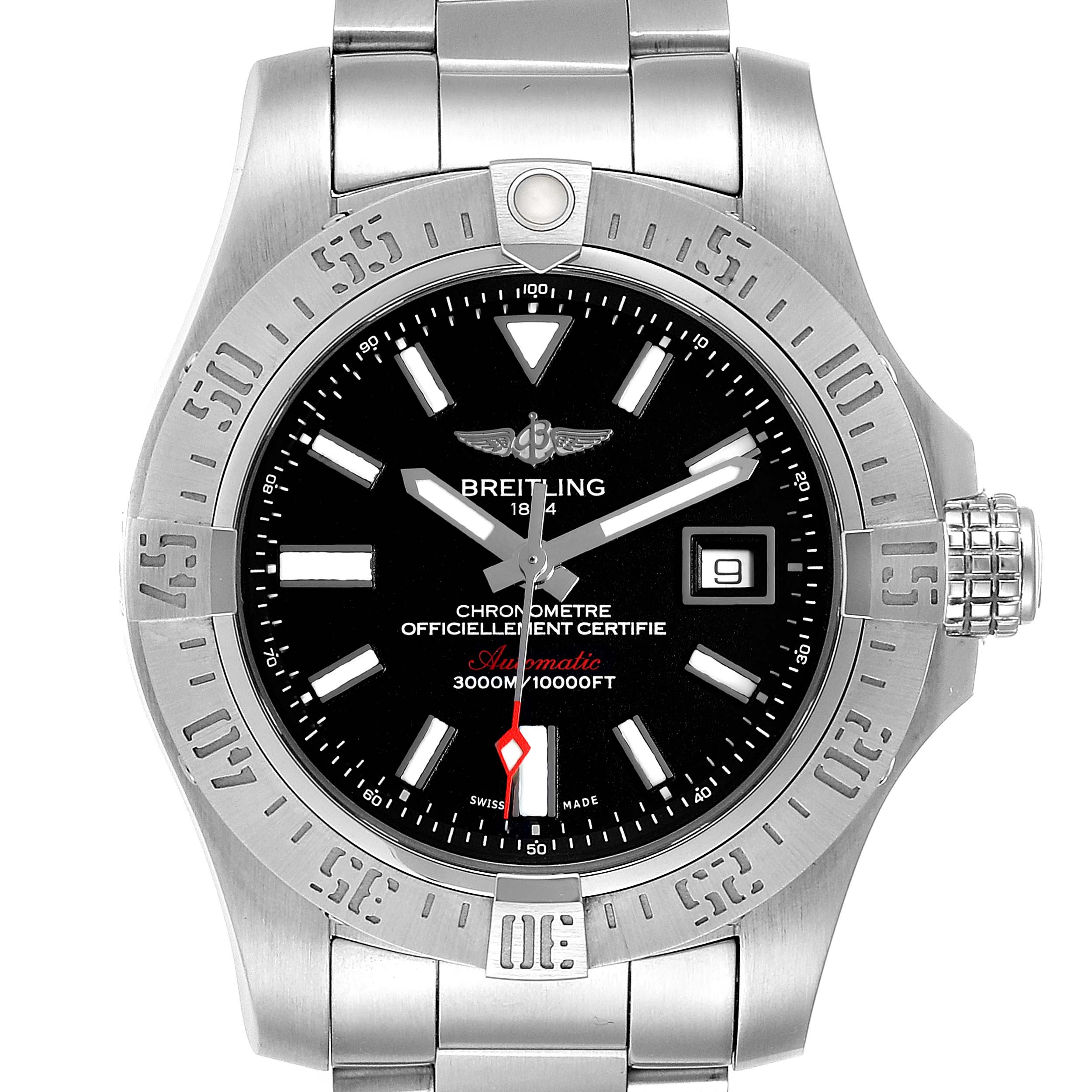 This image shows a front view of the Breitling Avenger A17331 Men's Stainless Steel Black Dial A17331 Men's Stainless Steel Black Dial watch, highlighting its stainless steel case, bezel, black dial, and bracelet.