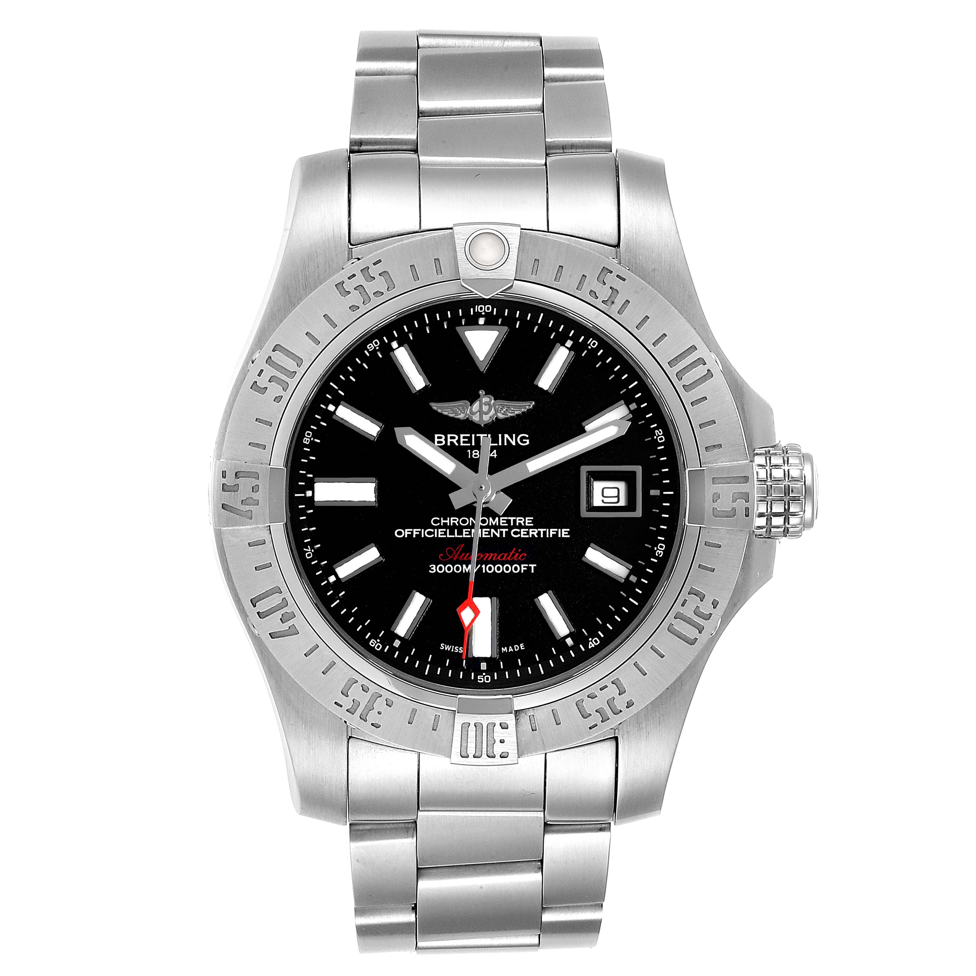 The image shows a front view of the Breitling Avenger A17331 Men's Stainless Steel Black Dial A17331 Men's Stainless Steel Black Dial watch, highlighting its bezel, dial, bracelet, and crown.