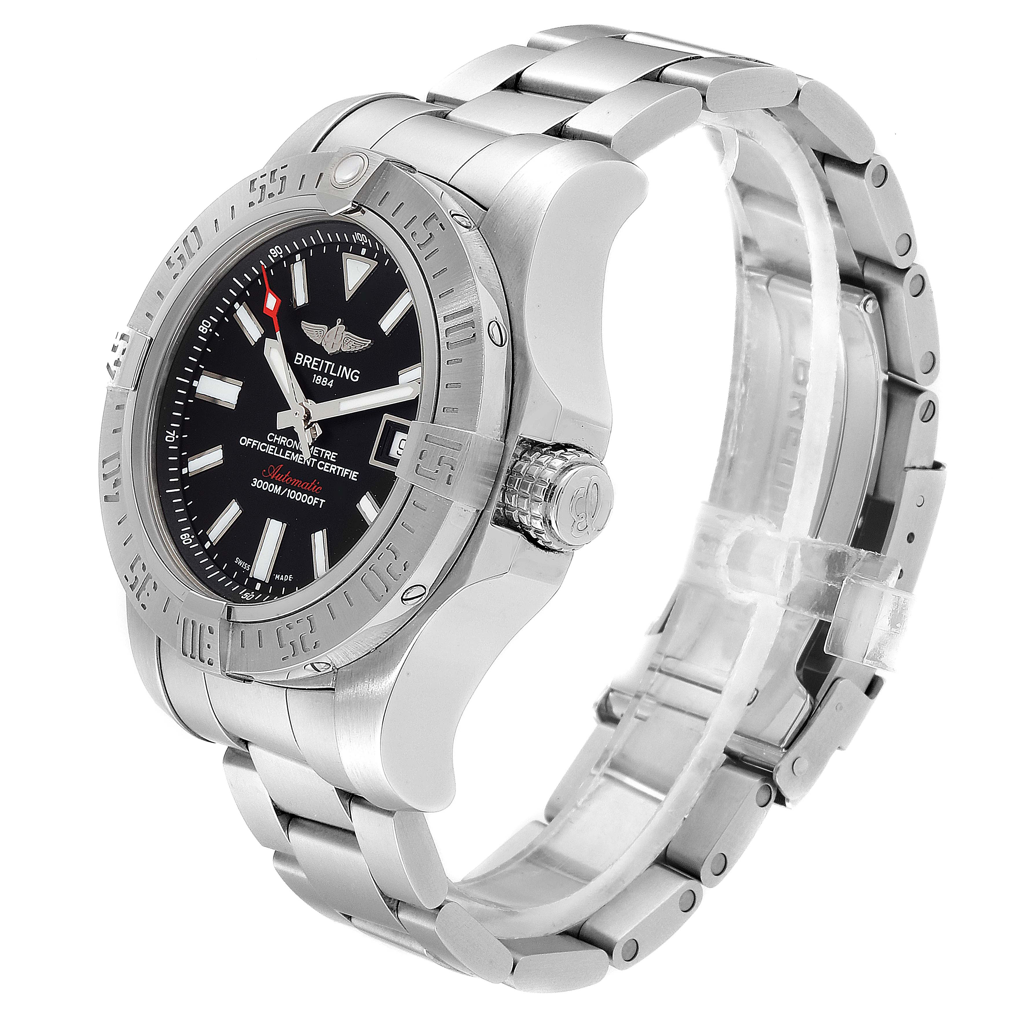 The Breitling Avenger A17331 Men's Stainless Steel Black Dial A17331 Men's Stainless Steel Black Dial watch is shown at a slight angle highlighting the face, bezel, crown, and partially the bracelet.