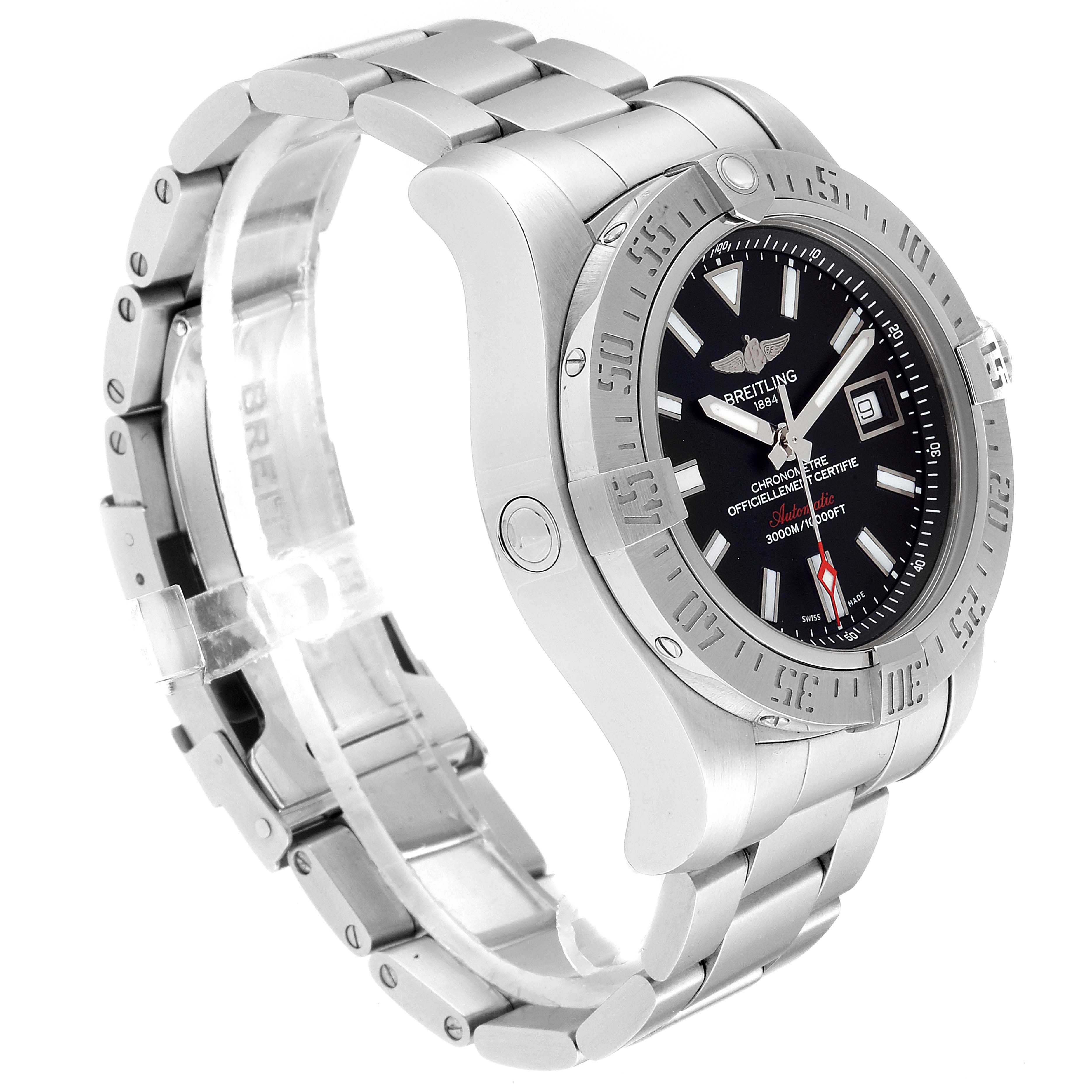 The image shows a side and partial frontal view of a Breitling Avenger A17331 Men's Stainless Steel Black Dial A17331 Men's Stainless Steel Black Dial watch, highlighting the bracelet and bezel.