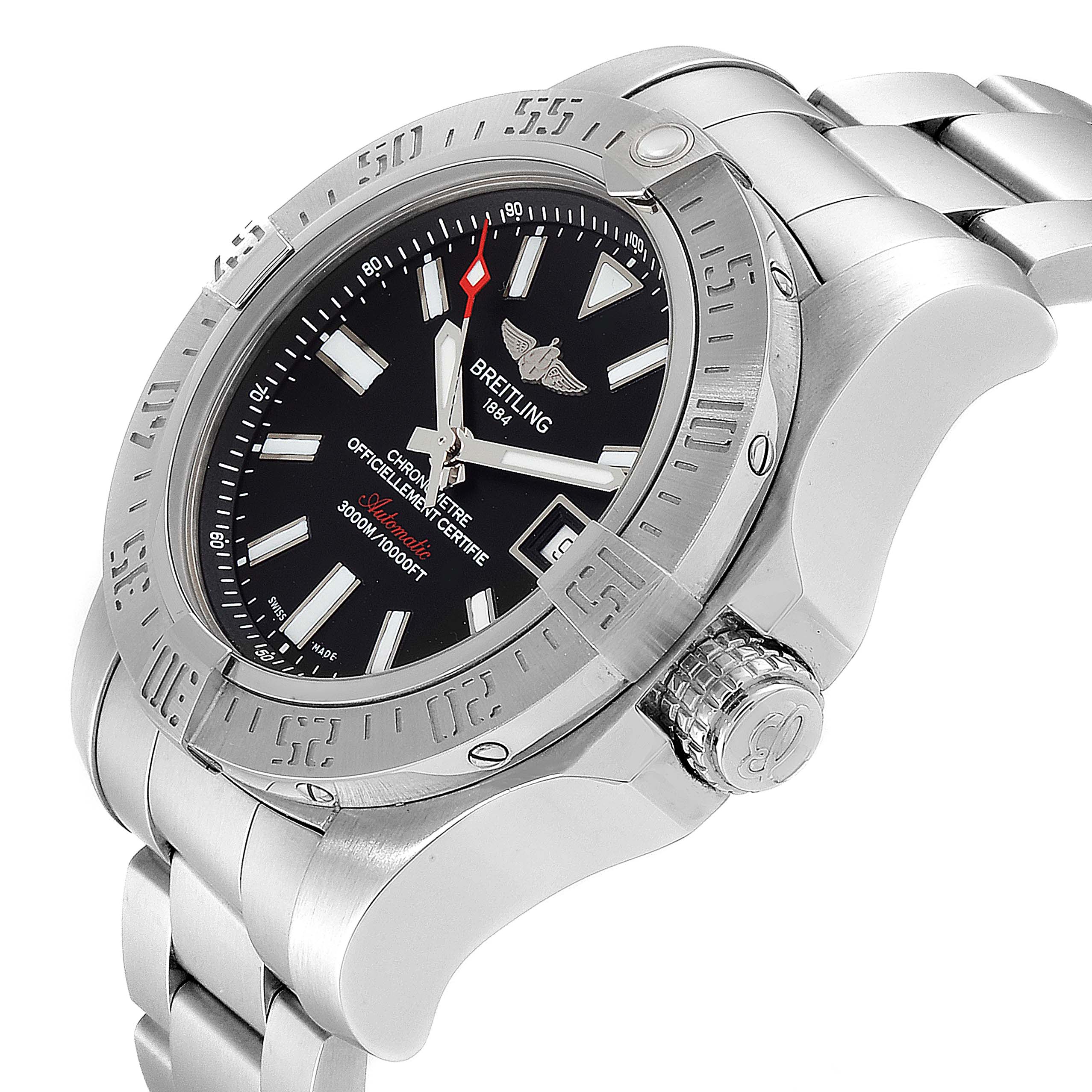 This Breitling Avenger A17331 Men's Stainless Steel Black Dial A17331 Men's Stainless Steel Black Dial watch is shown at a tilted angle, displaying the bezel, dial, crown, and metal bracelet.