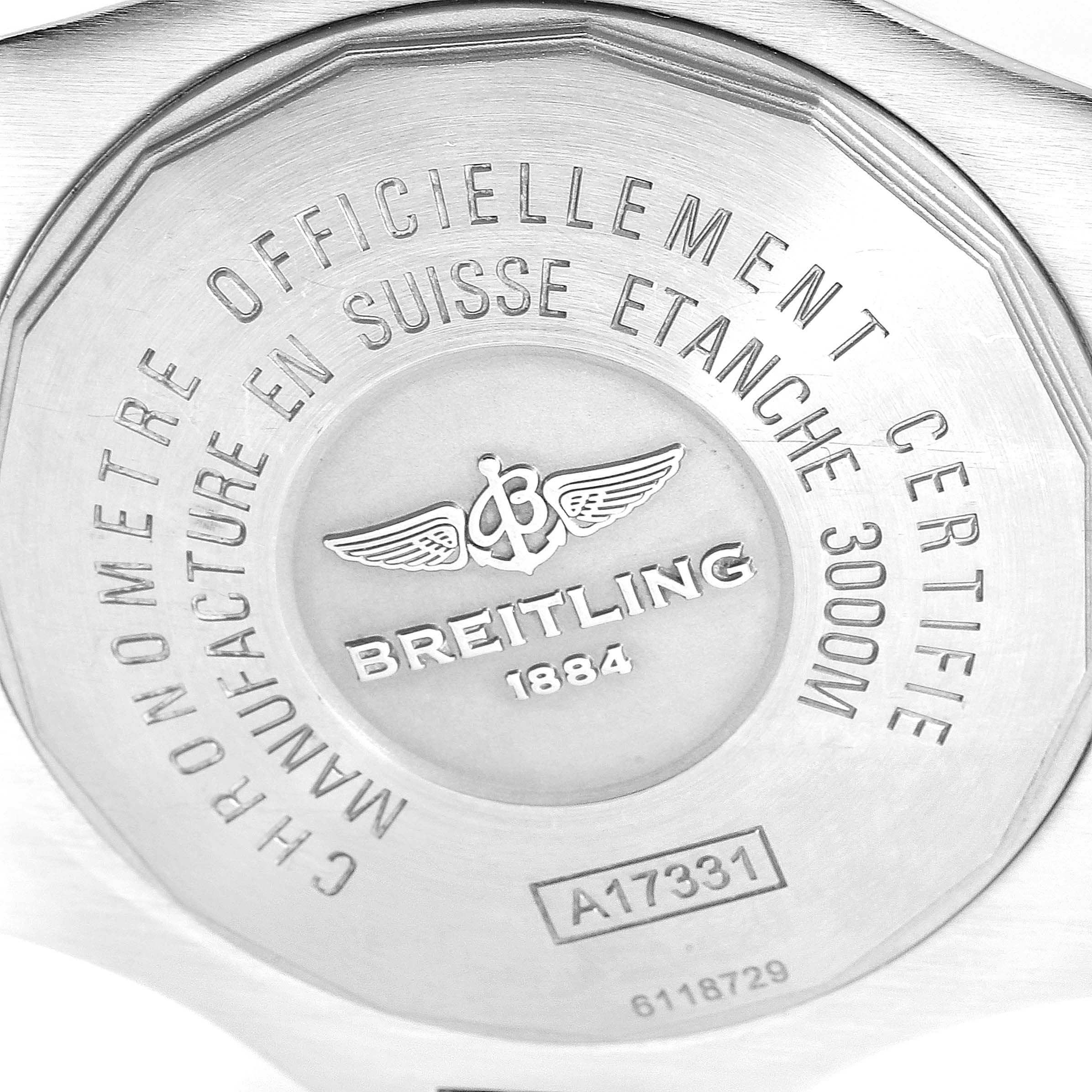 The image shows the back case of a Breitling Avenger A17331 Men's Stainless Steel Black Dial A17331 Men's Stainless Steel Black Dial watch, clearly displaying the brand's logo and watch specifications.