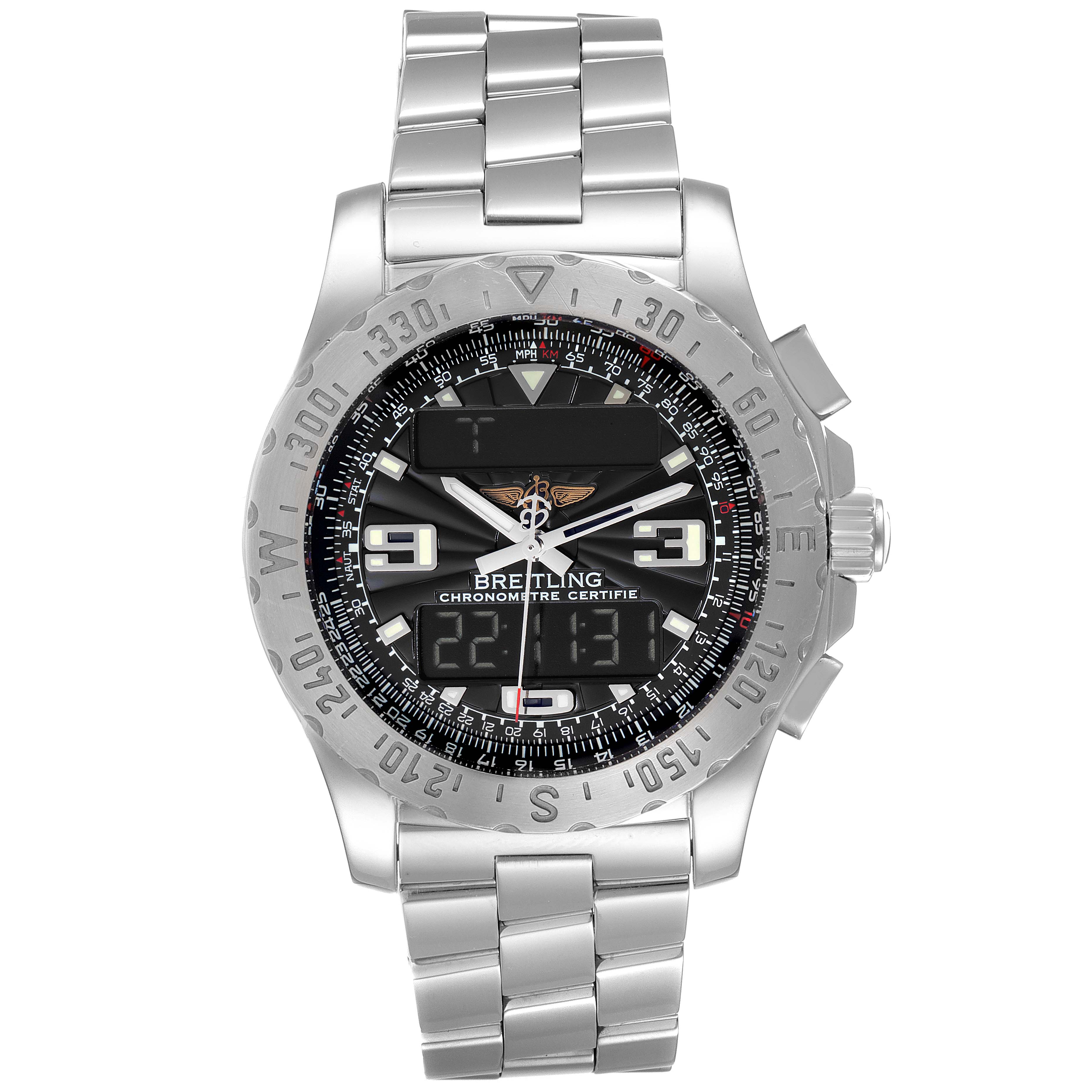 This is a Breitling Professional Series A78363 Men's Stainless Steel Black Dial A78363 Men's Stainless Steel Black Dial watch, shown from a front angle displaying the face, bezel, and metal strap.