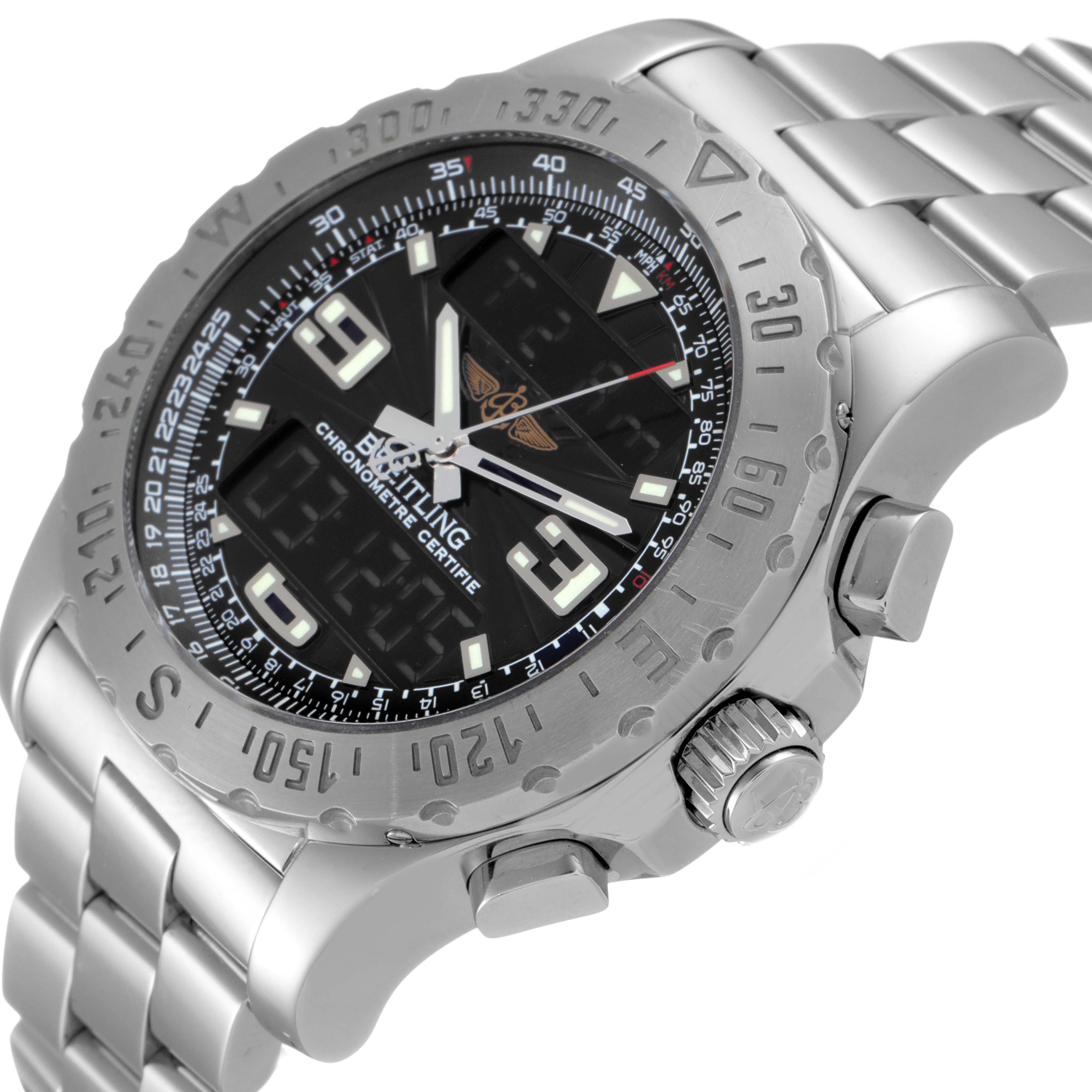 This is a side angle view of a Breitling Professional Series A78363 Men's Stainless Steel Black Dial A78363 Men's Stainless Steel Black Dial watch, showing the face, bezel, crown, pushers, and part of the bracelet.