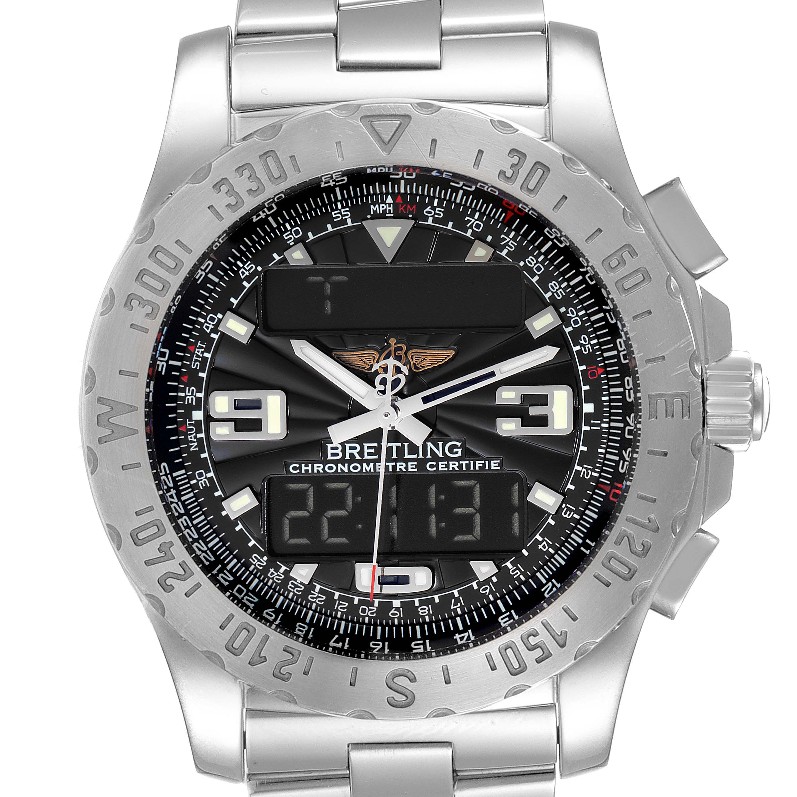The image shows the Breitling Professional Series A78363 Men's Stainless Steel Black Dial A78363 Men's Stainless Steel Black Dial watch, specifically the front face and stainless steel bracelet.