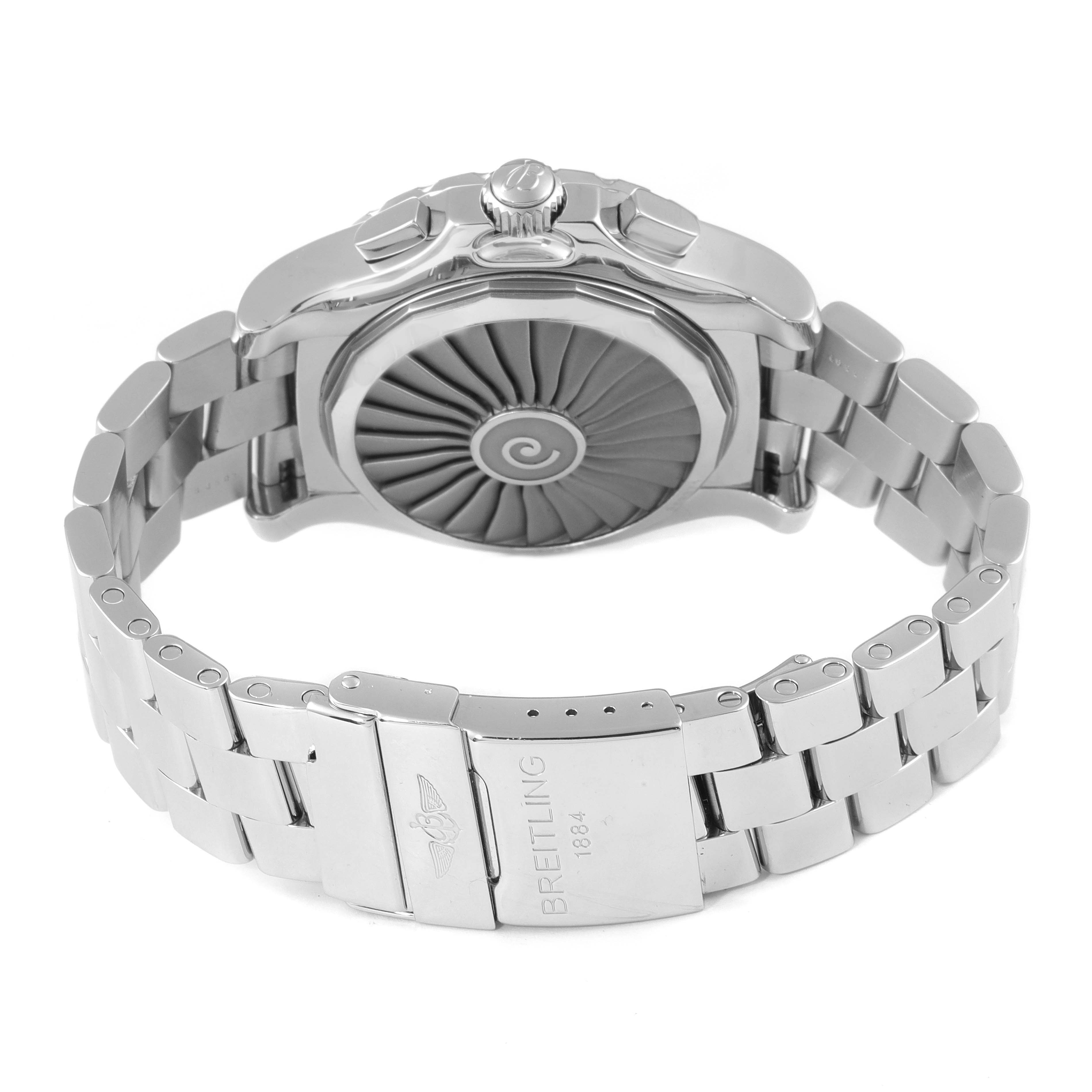 The watch is a Breitling Professional Series A78363 Men's Stainless Steel Black Dial A78363 Men's Stainless Steel Black Dial model, viewed from the back, showing the case back, bracelet, and clasp.