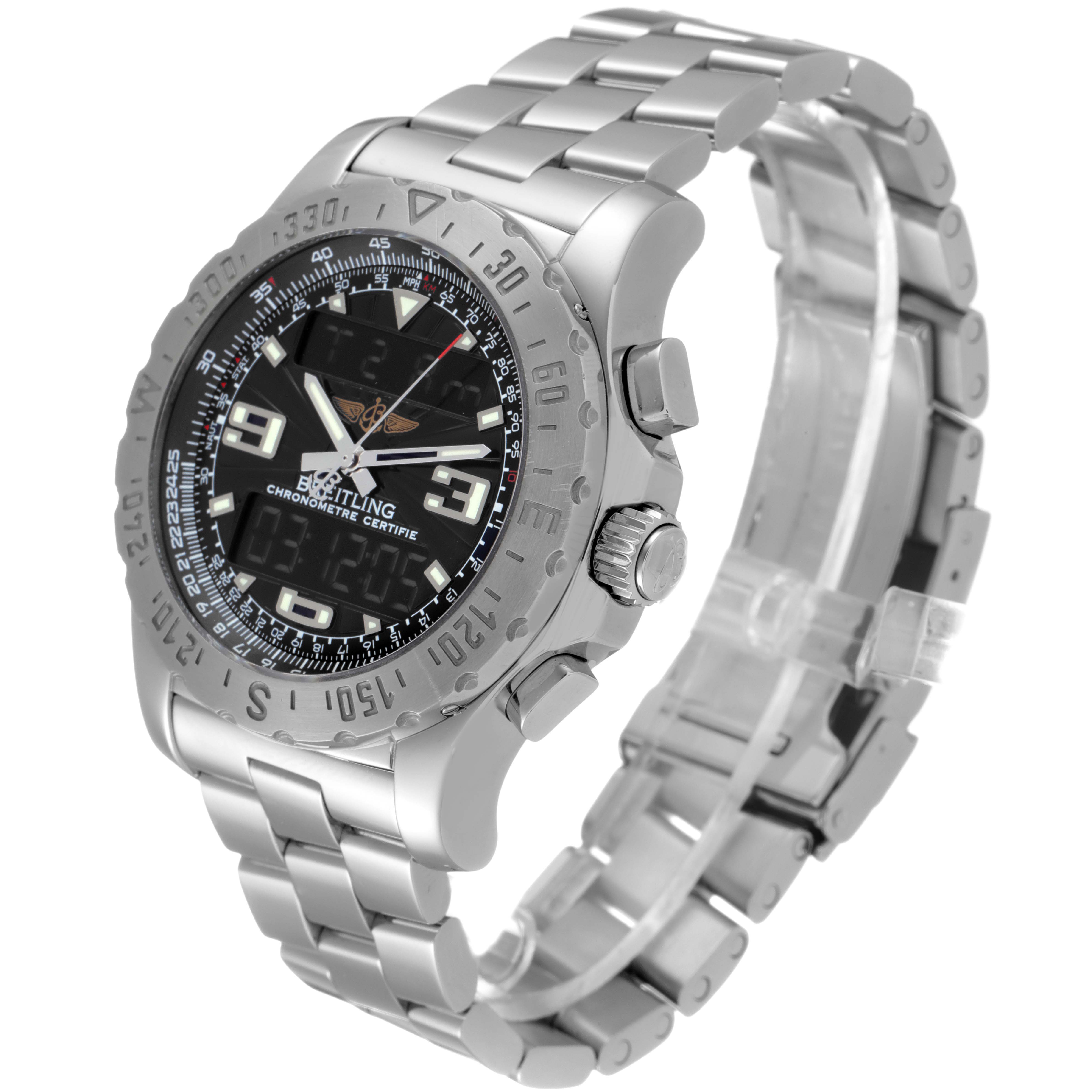The image shows a Breitling Professional Series A78363 Men's Stainless Steel Black Dial A78363 Men's Stainless Steel Black Dial watch angled slightly from the side, highlighting the bezel, crown, and metal bracelet.