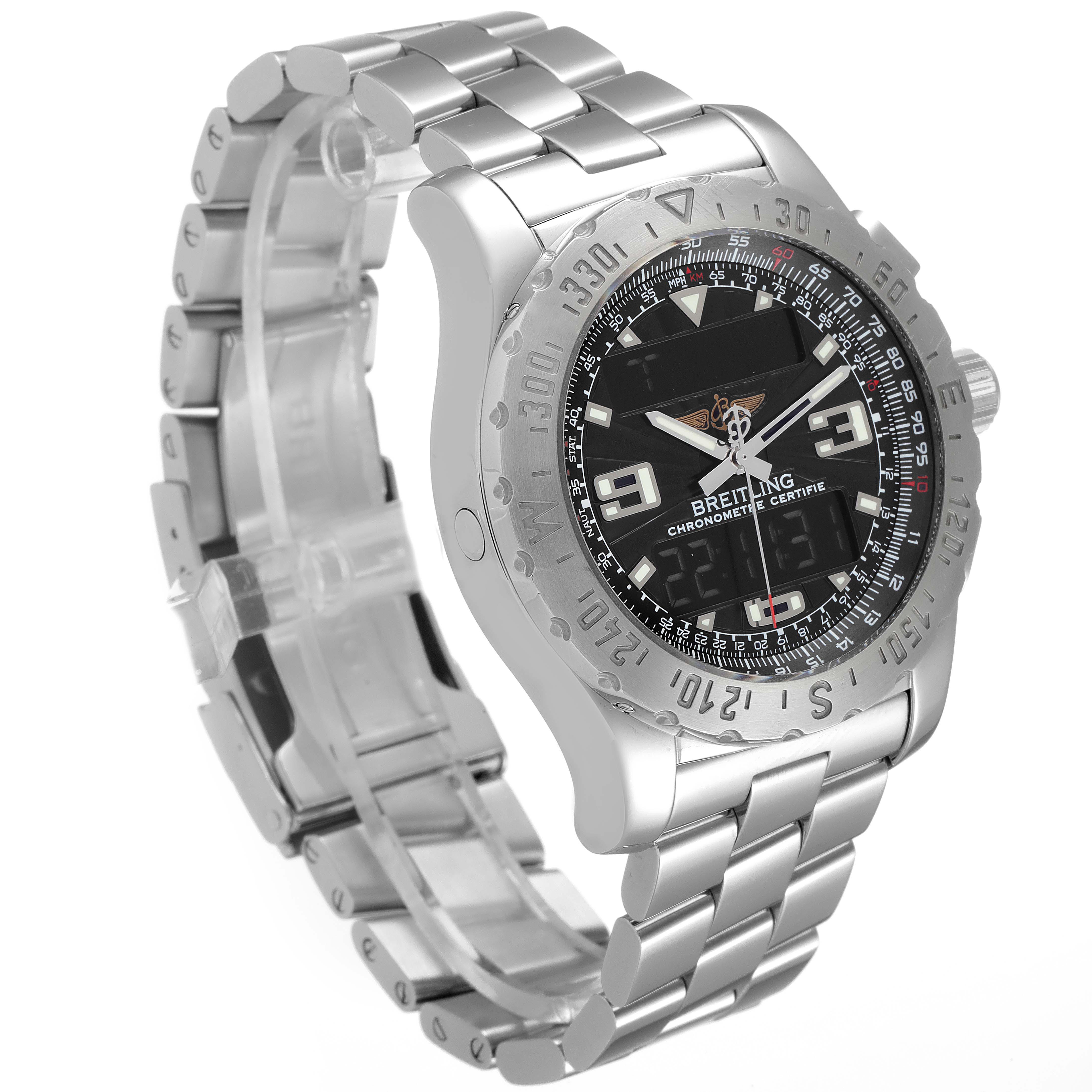 The Breitling Professional Series A78363 Men's Stainless Steel Black Dial A78363 Men's Stainless Steel Black Dial watch is shown at an angle, highlighting its face, bezel, crown, and metal bracelet.